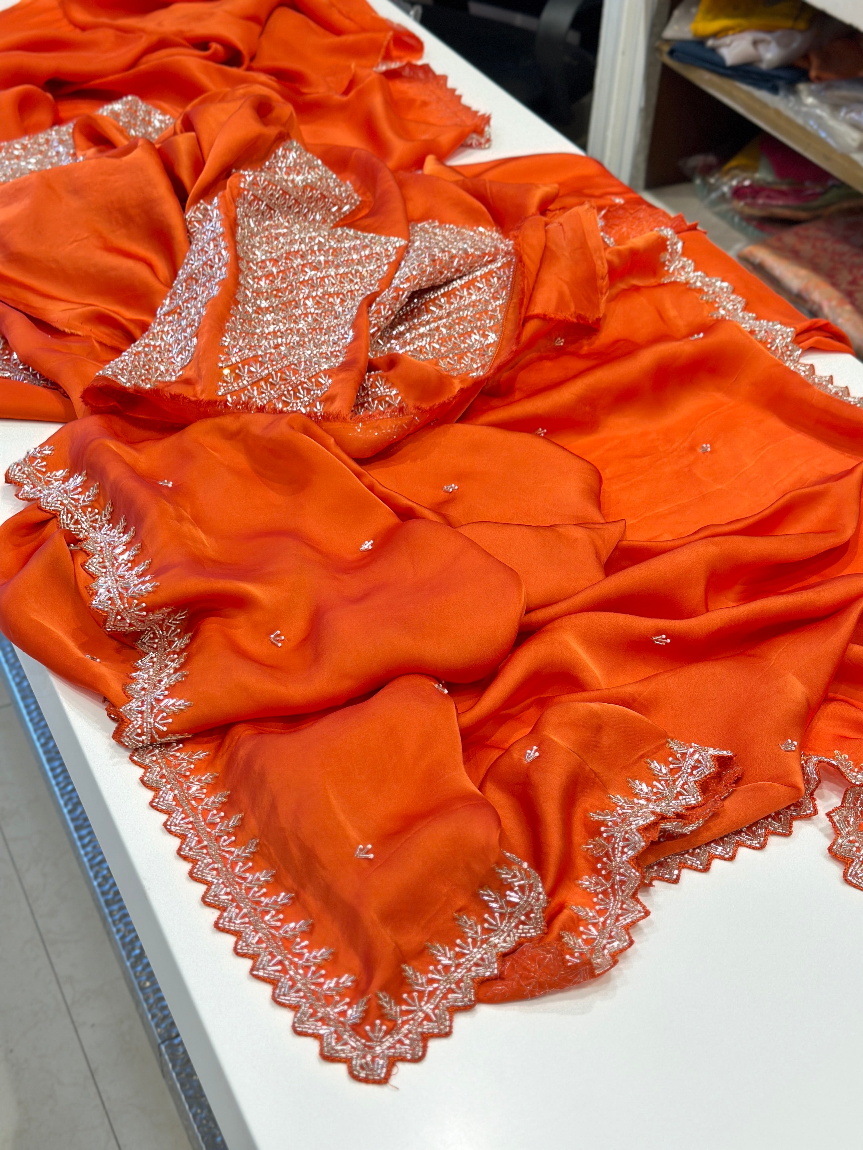 Orange Satin Organza Heavy Blouse Saree