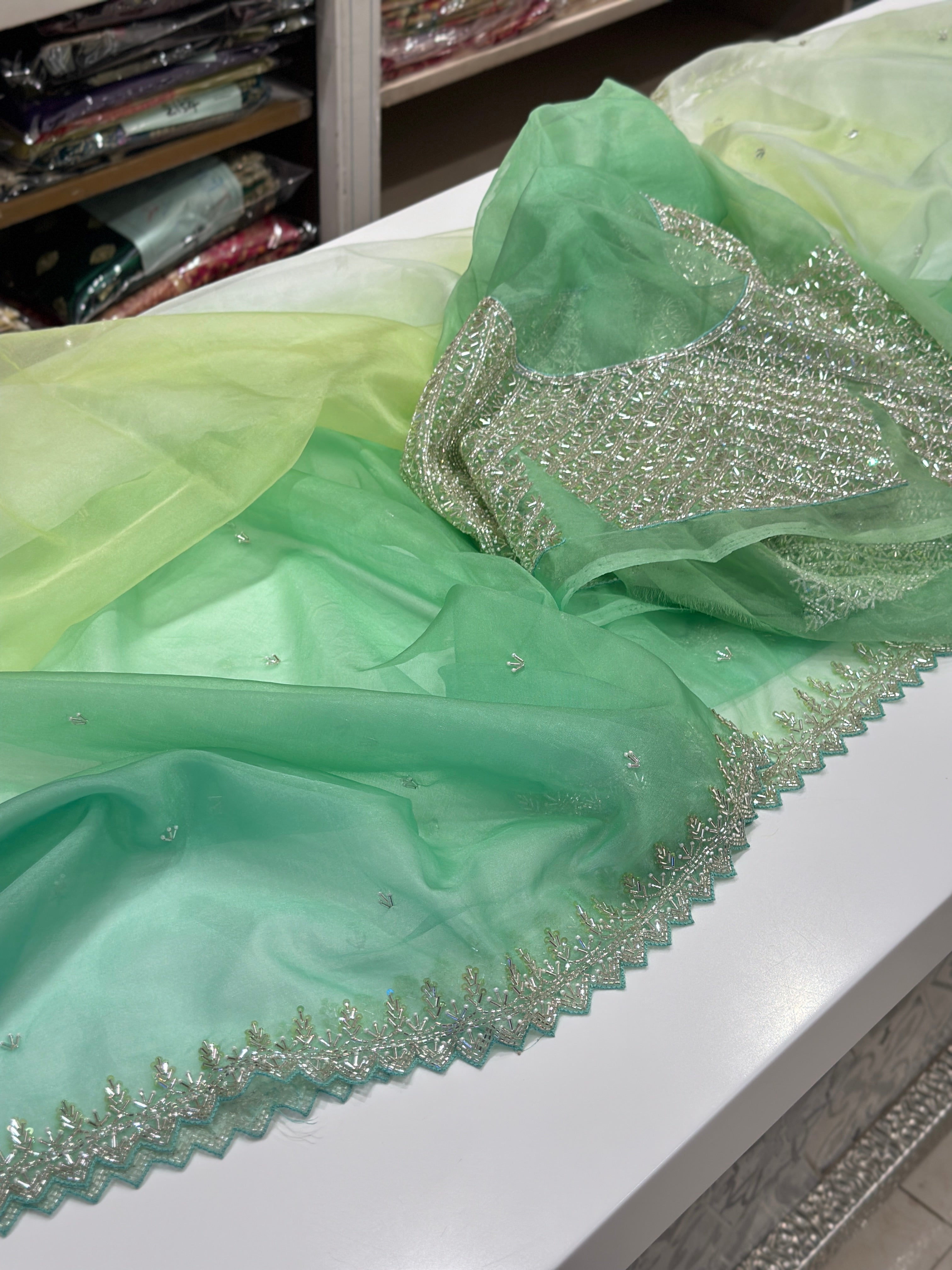 Green Shaded Organza Saree with Heavy Blouse