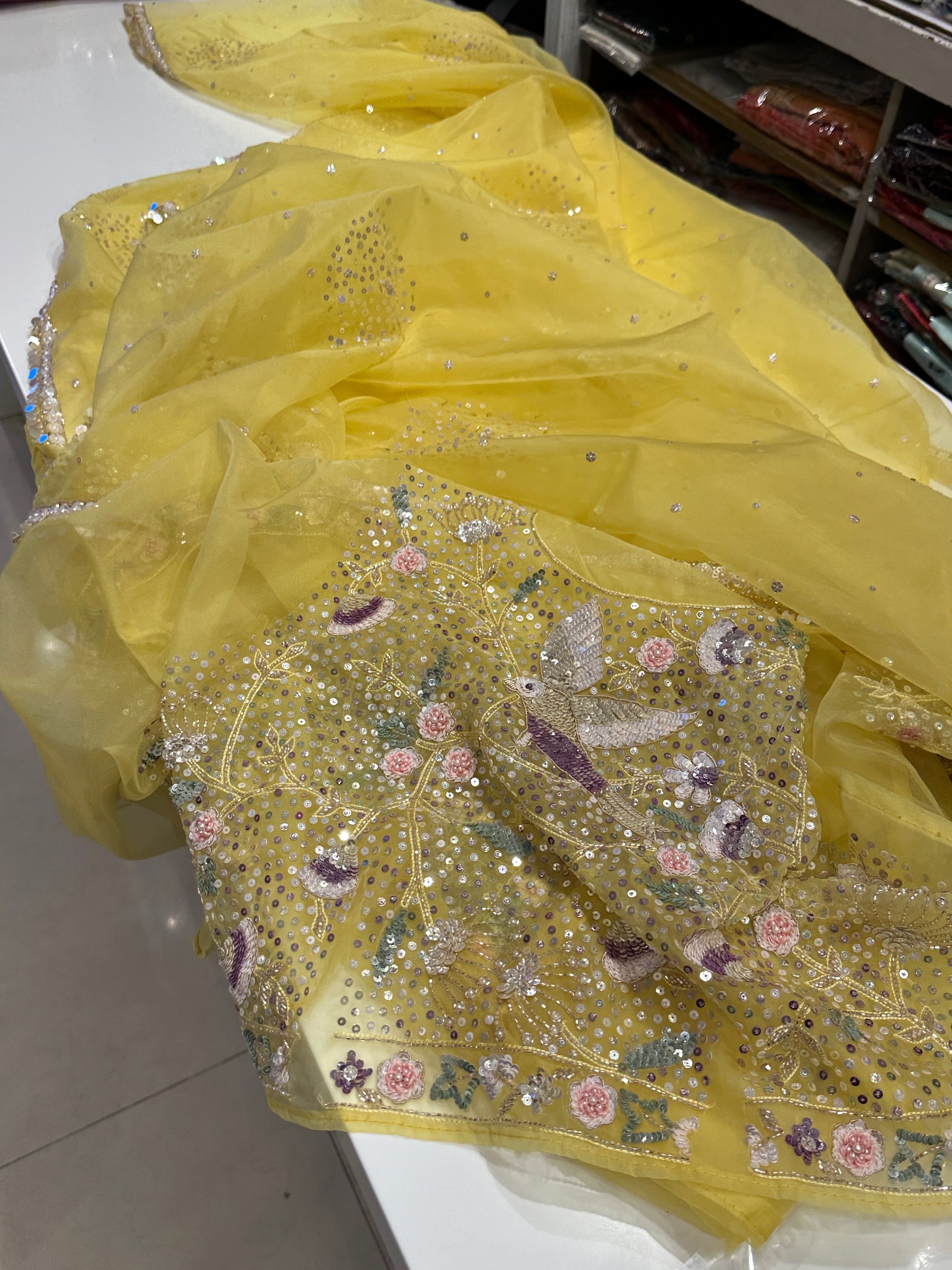 Yellow Organza Sequin Heavy Blouse saree
