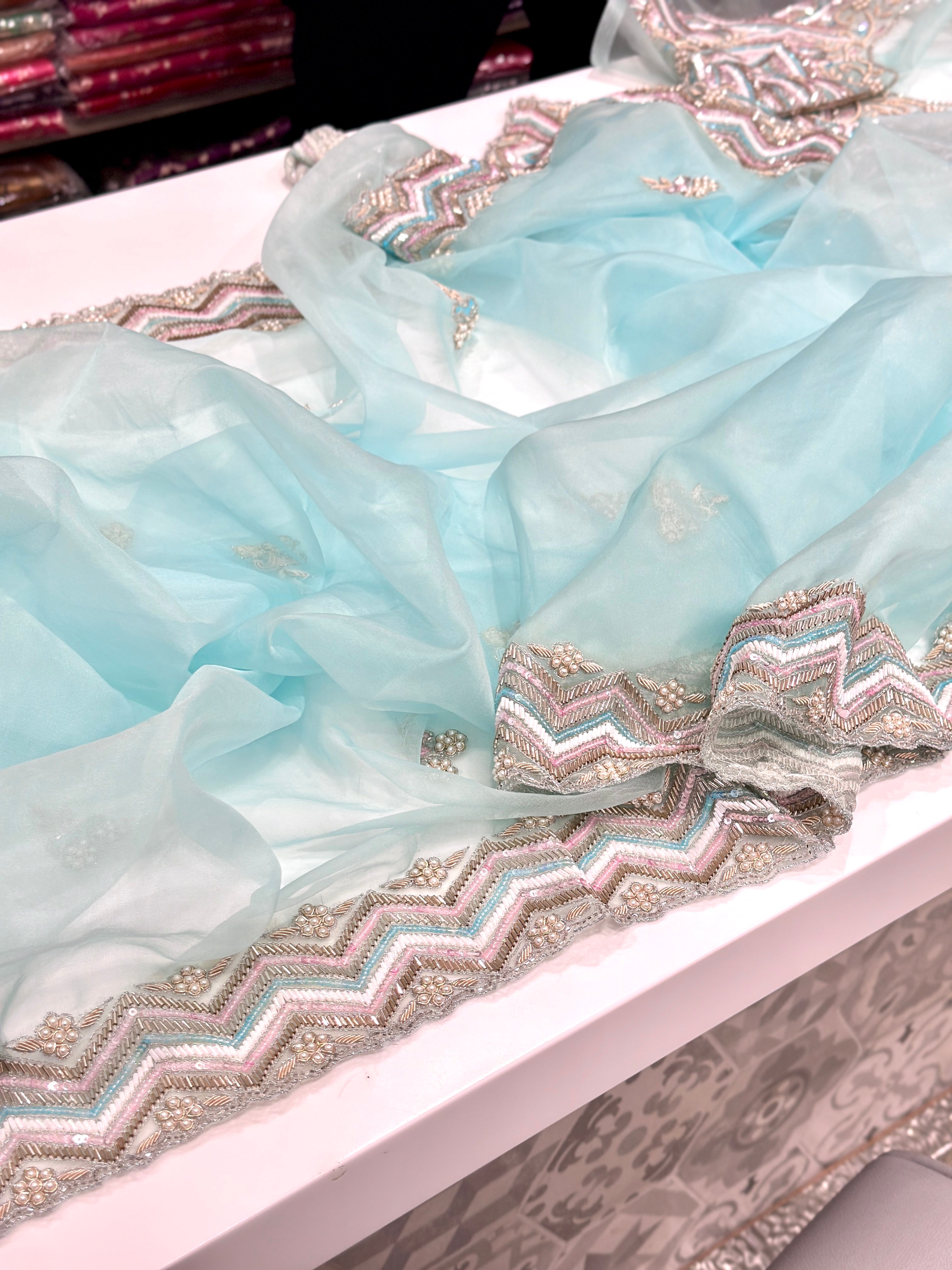 Blue Organza Heavy Blouse Saree Multi Colour