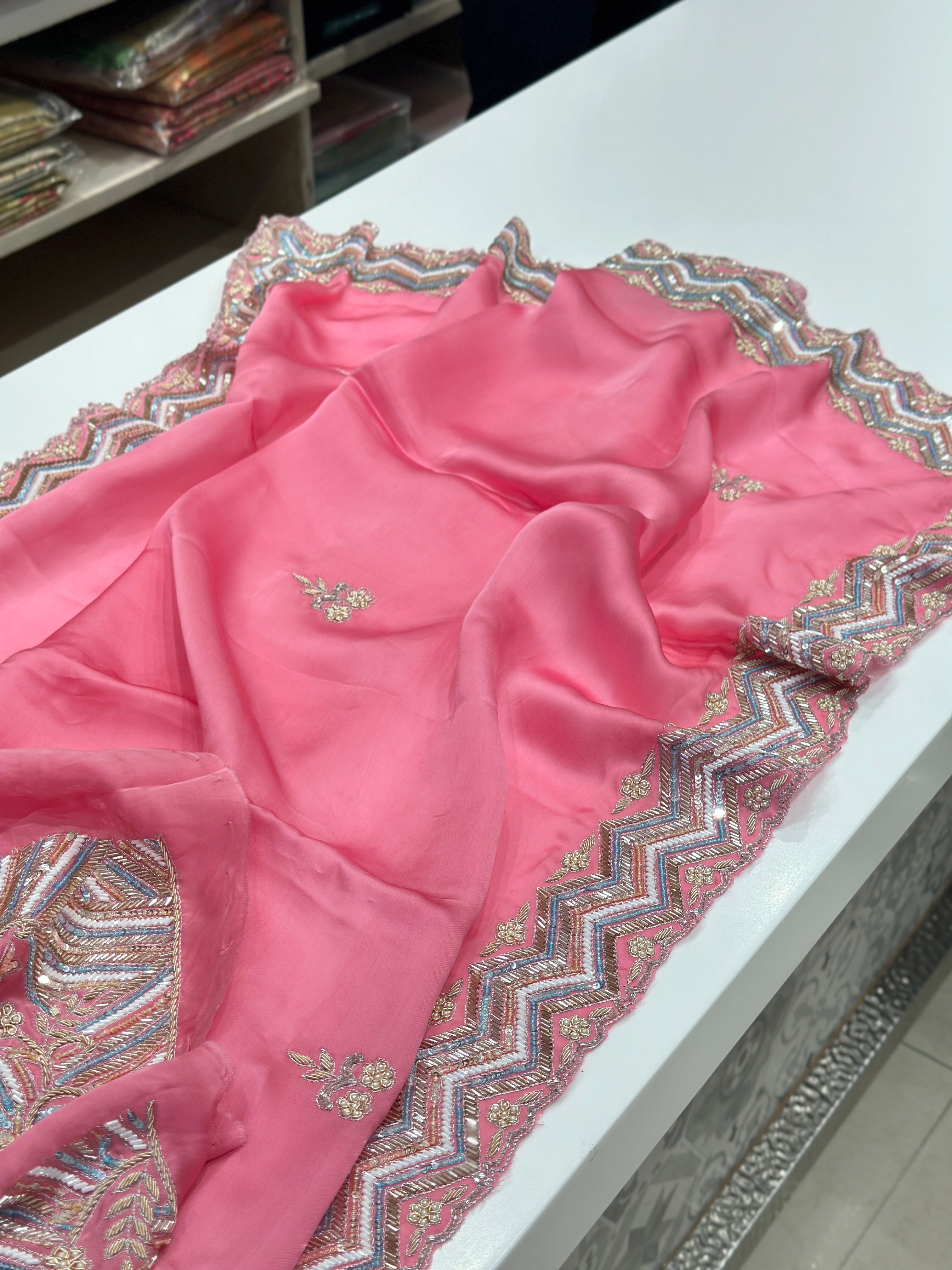 Pink Satin Organza Heavy Blouse Saree