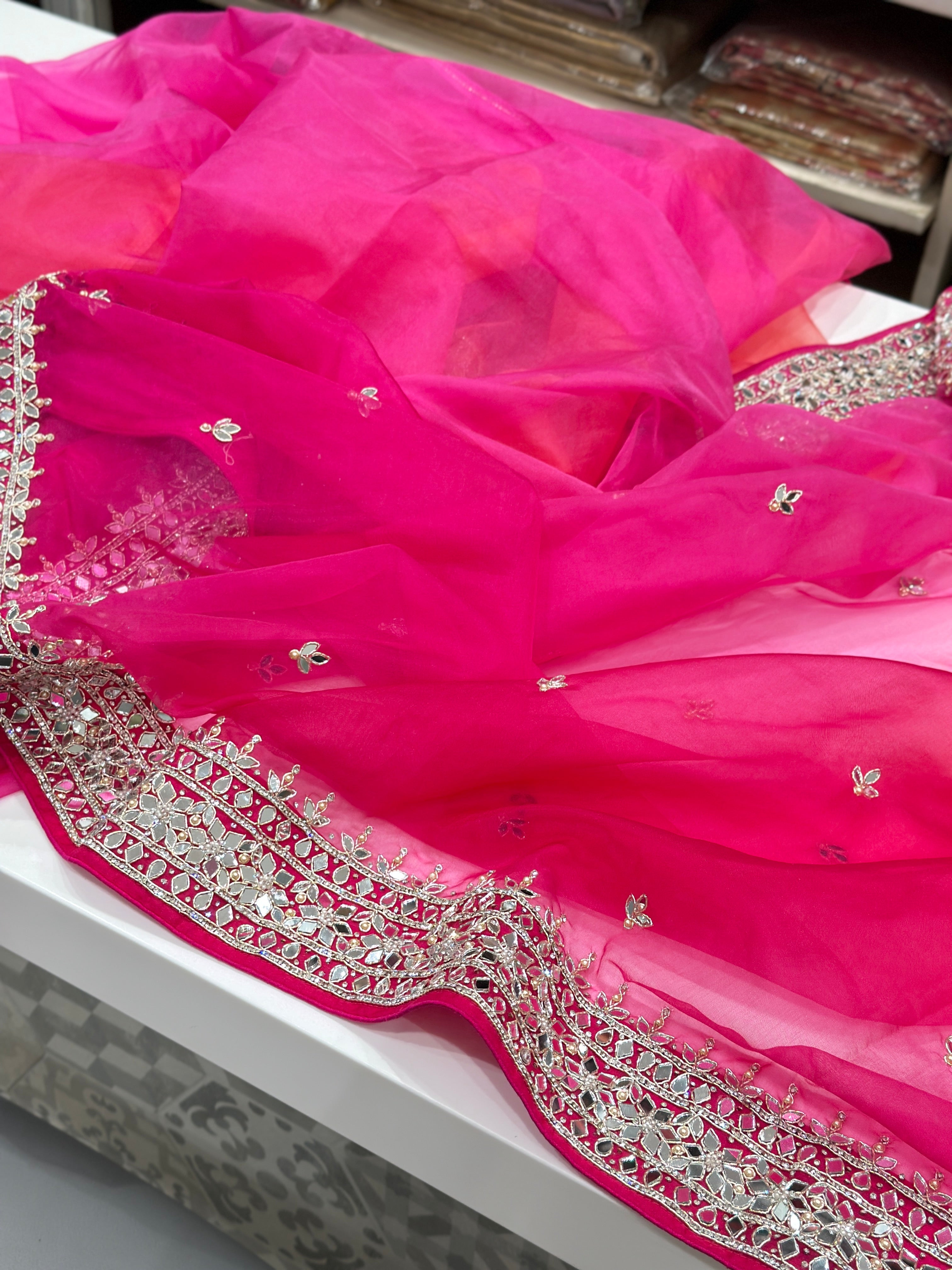 Rani Shaded Organza Mirror Embroidery Saree