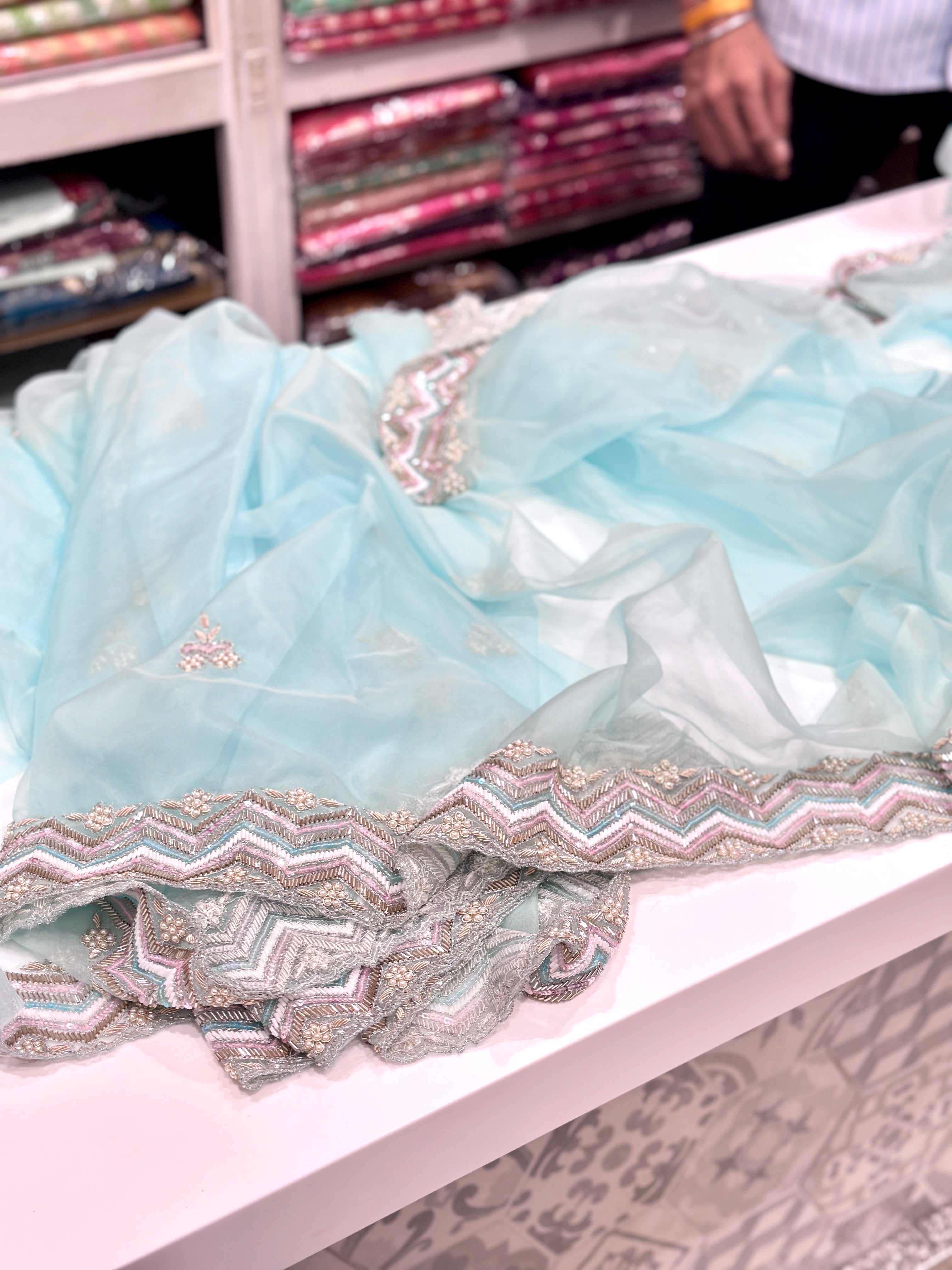 Blue Organza Heavy Blouse Saree Multi Colour