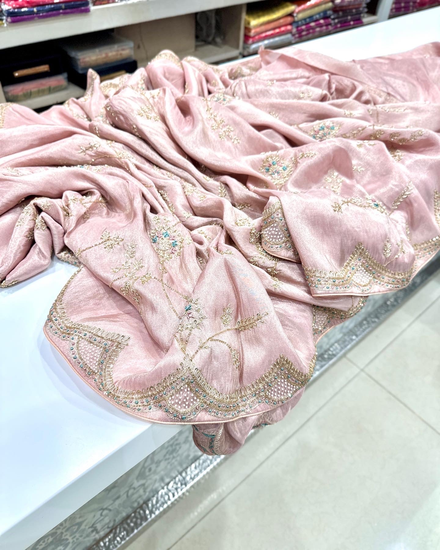 Pink Crepe Tissue Embroidery Saree