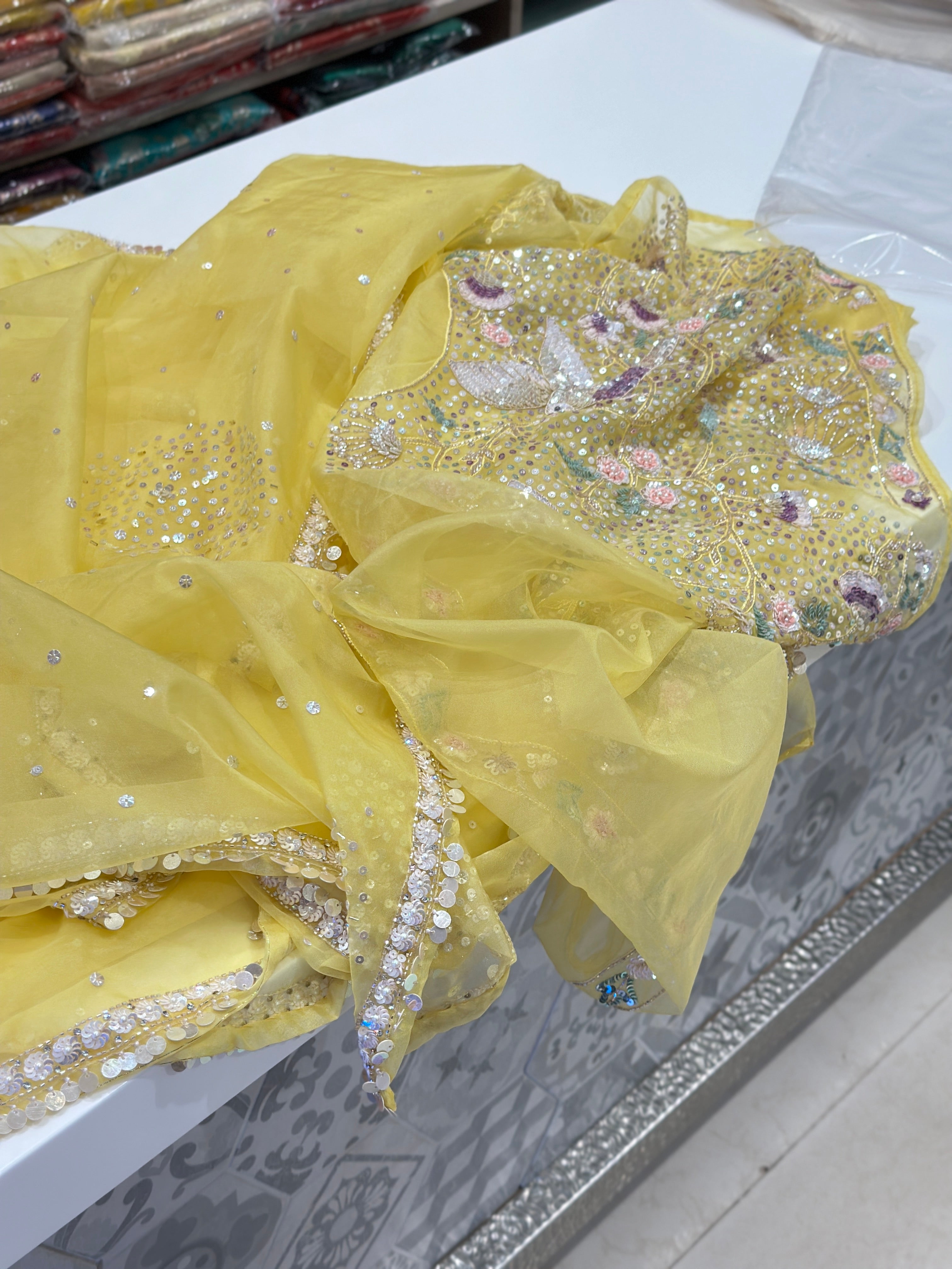 Yellow Organza Sequin Heavy Blouse saree