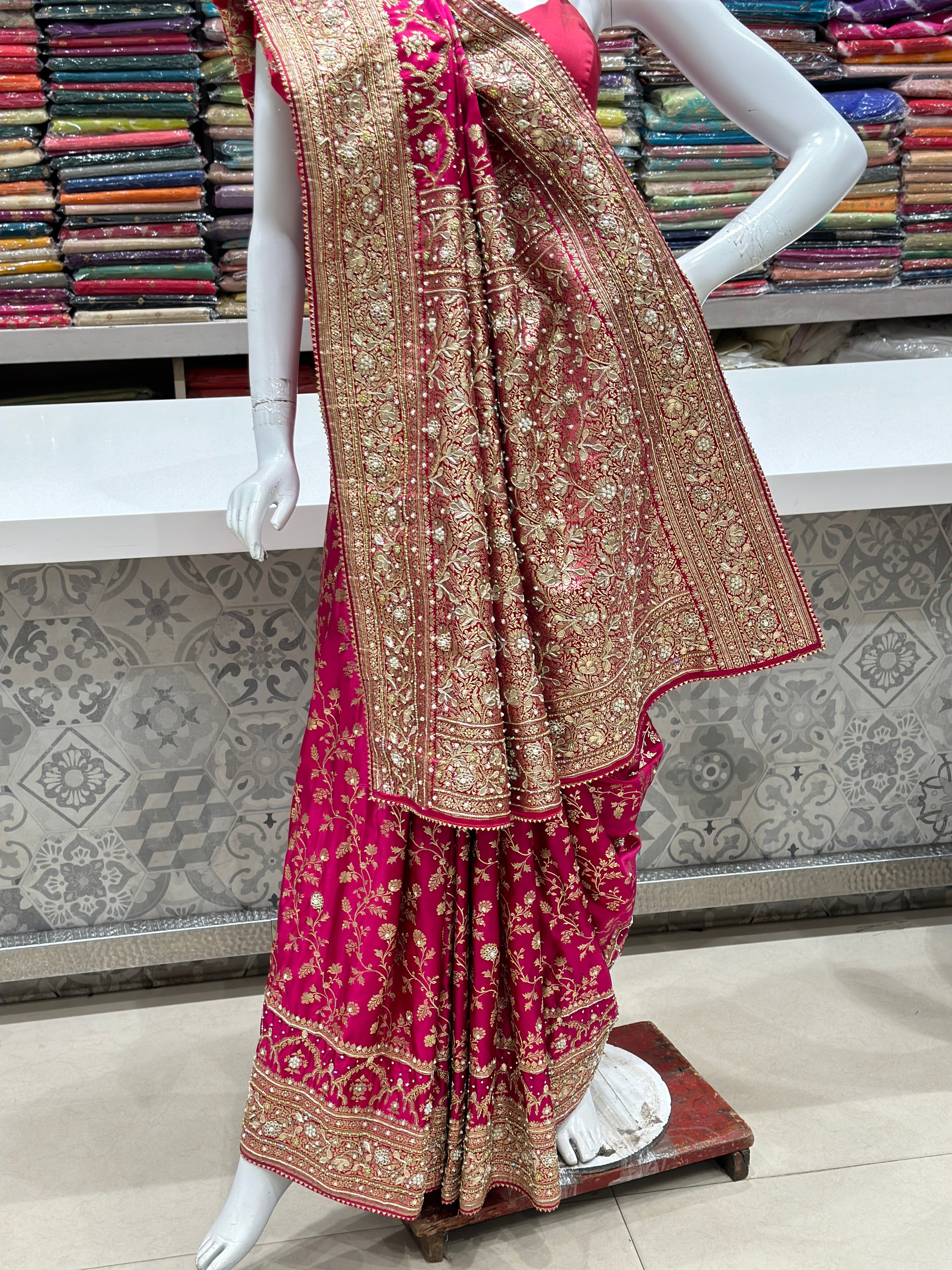 Wine Banaras Crown Hand Embroidery Saree