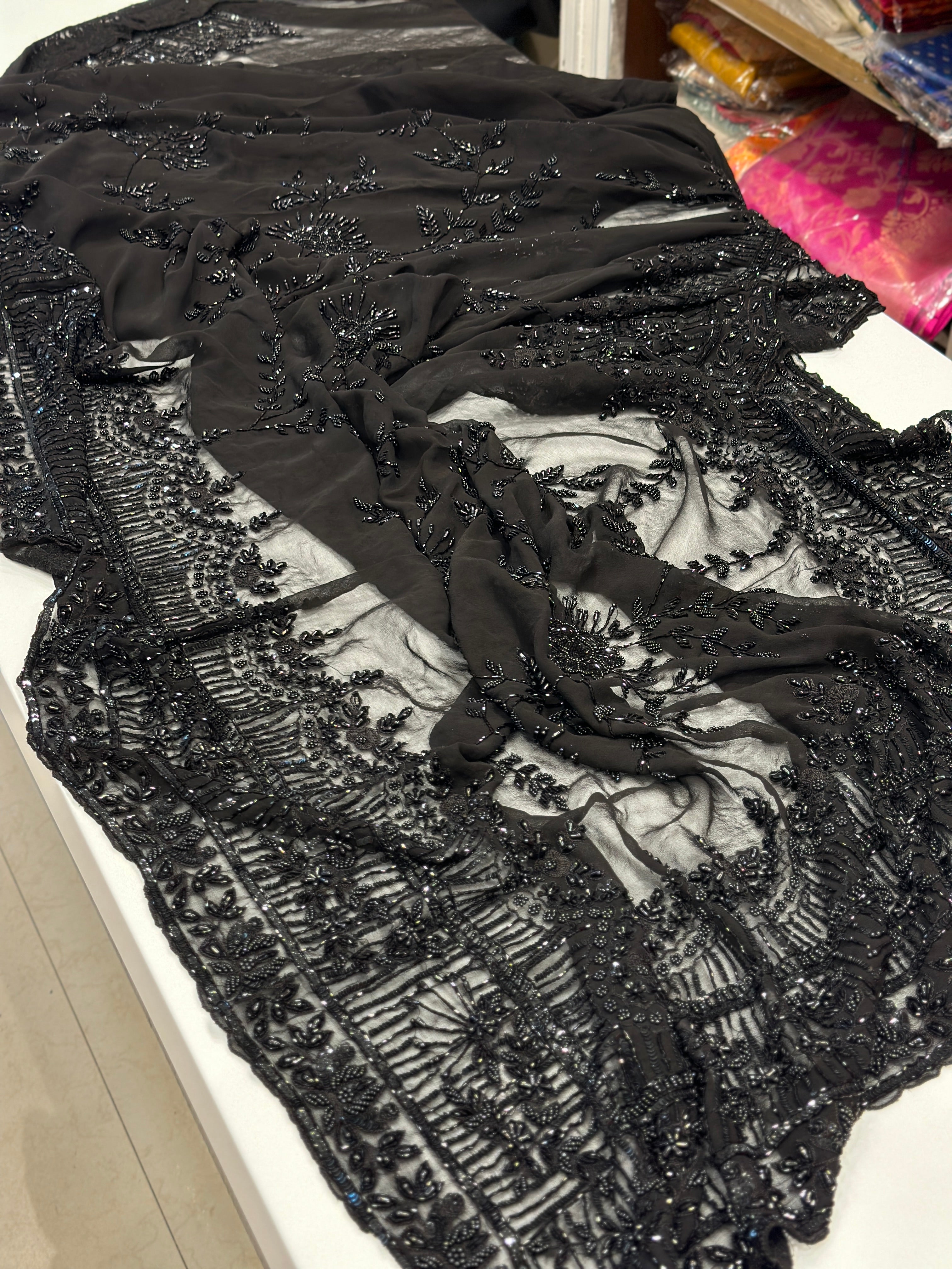 Black Georgette Hand Embroidery Saree