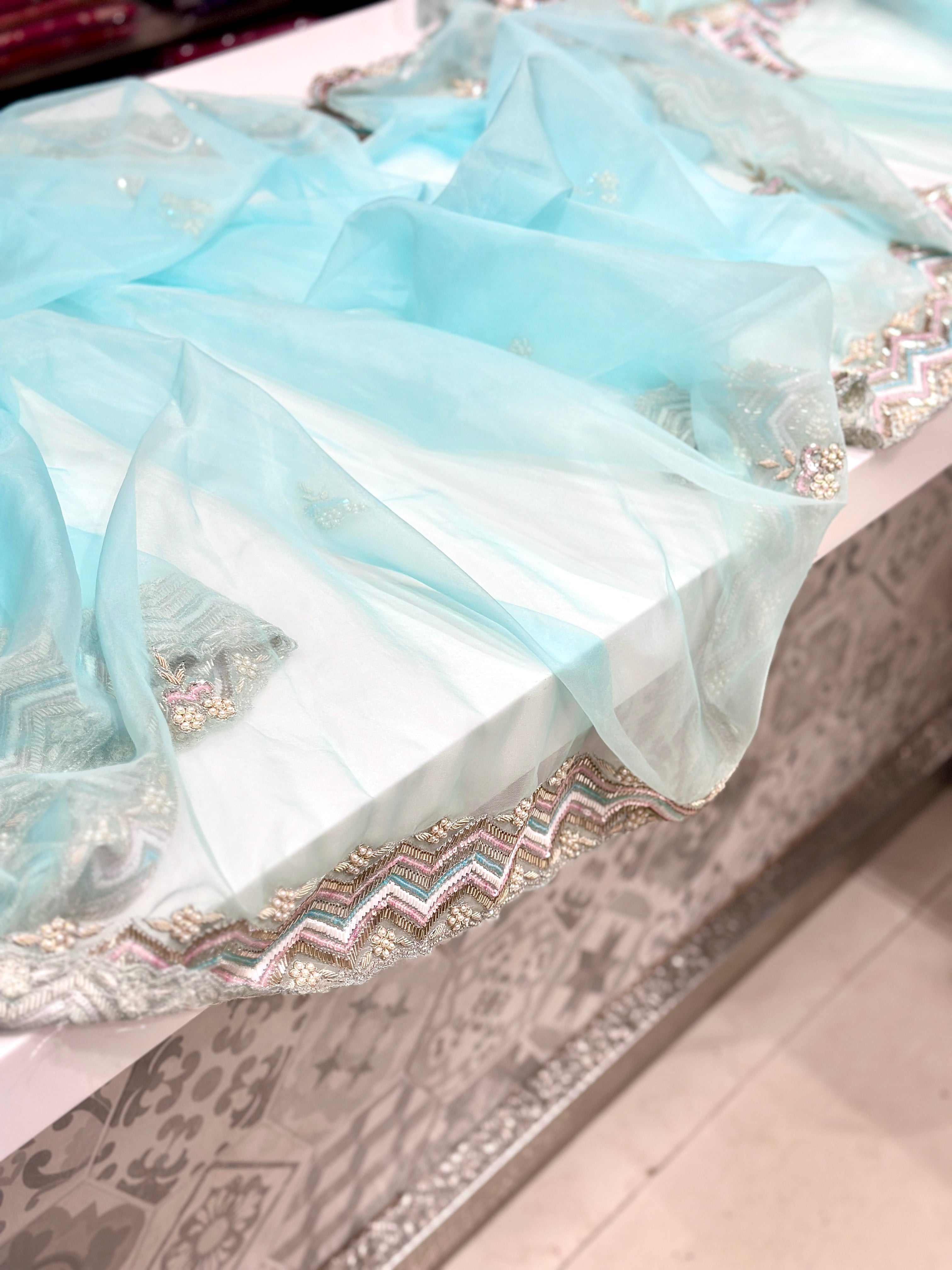 Blue Organza Heavy Blouse Saree Multi Colour