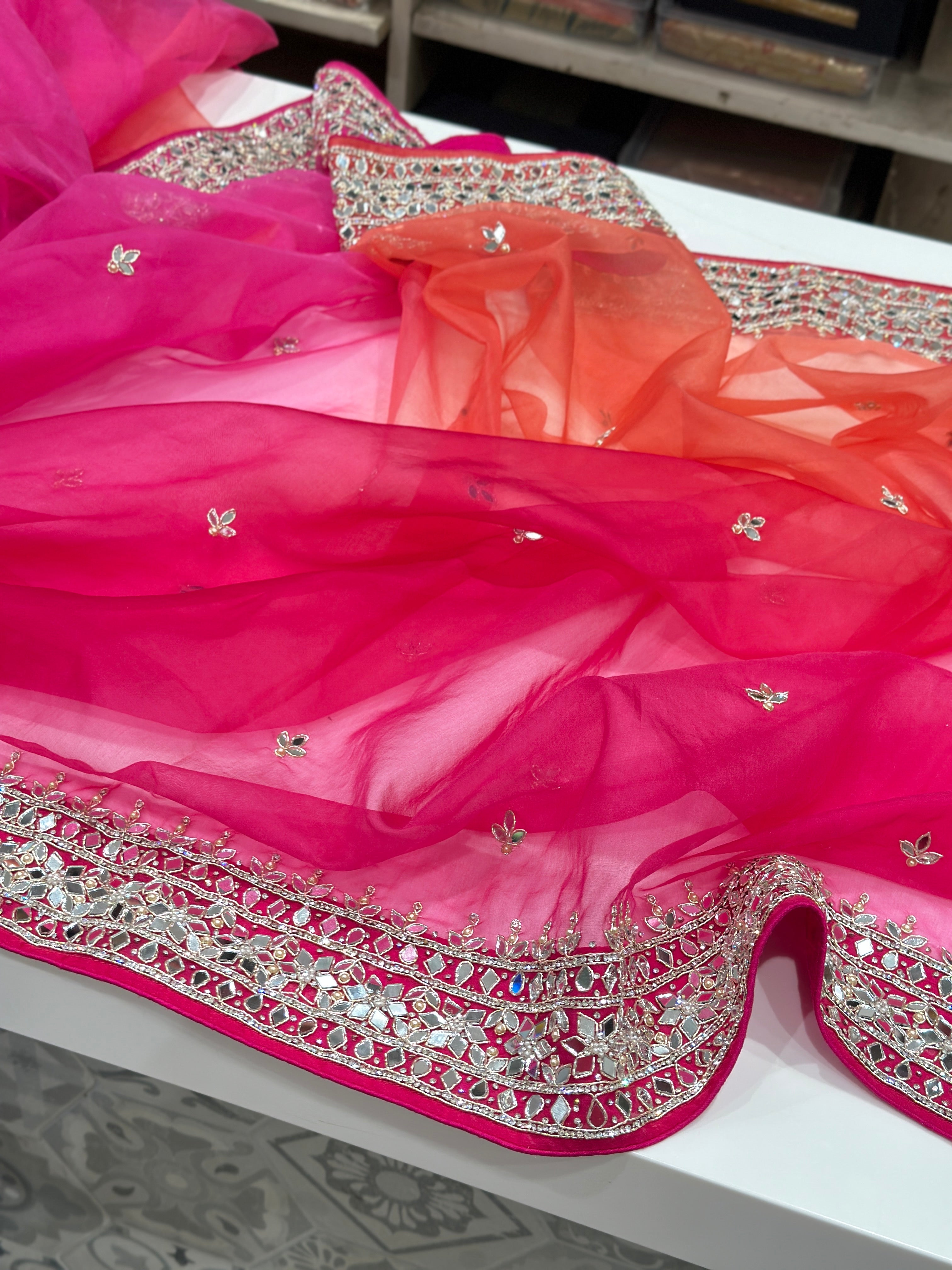 Rani Shaded Organza Mirror Embroidery Saree