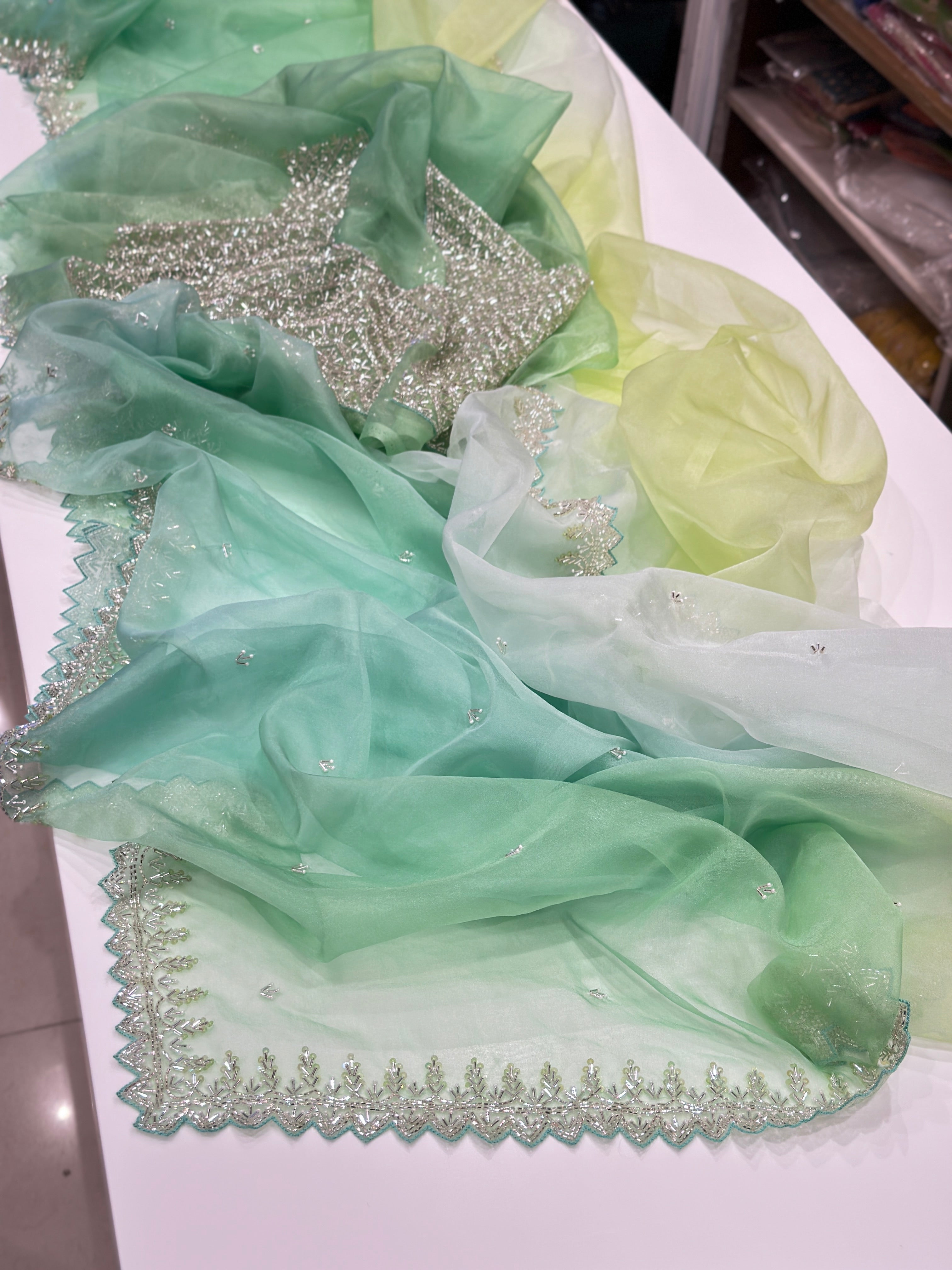 Green Shaded Organza Saree with Heavy Blouse