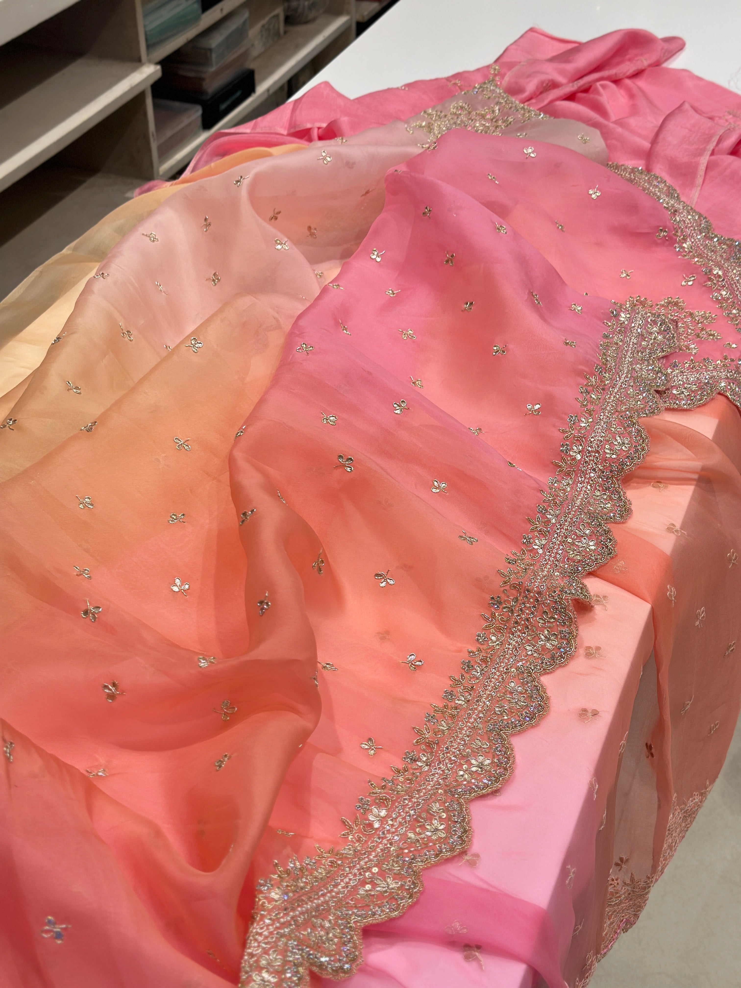 Shaded Pure Organza Saree Hand Embroidery Gota Zardosi
