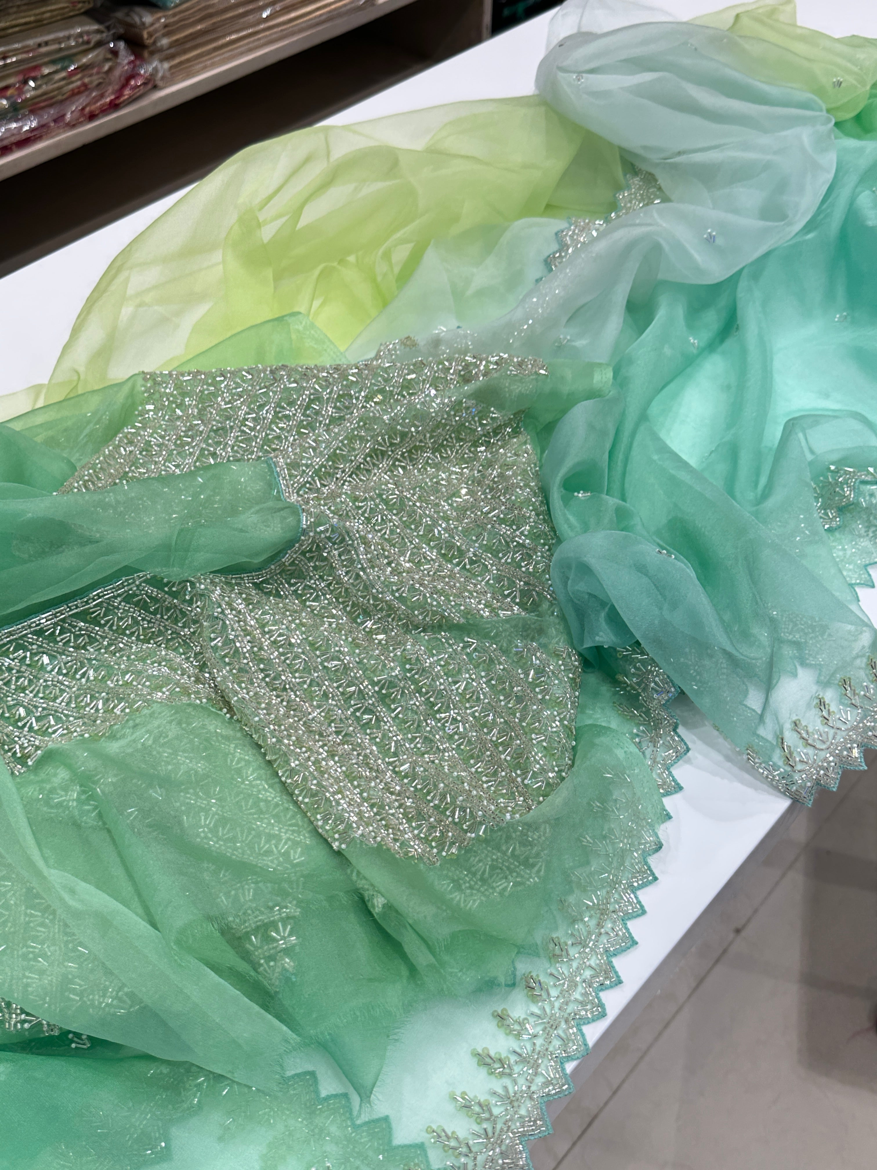 Green Shaded Organza Saree with Heavy Blouse