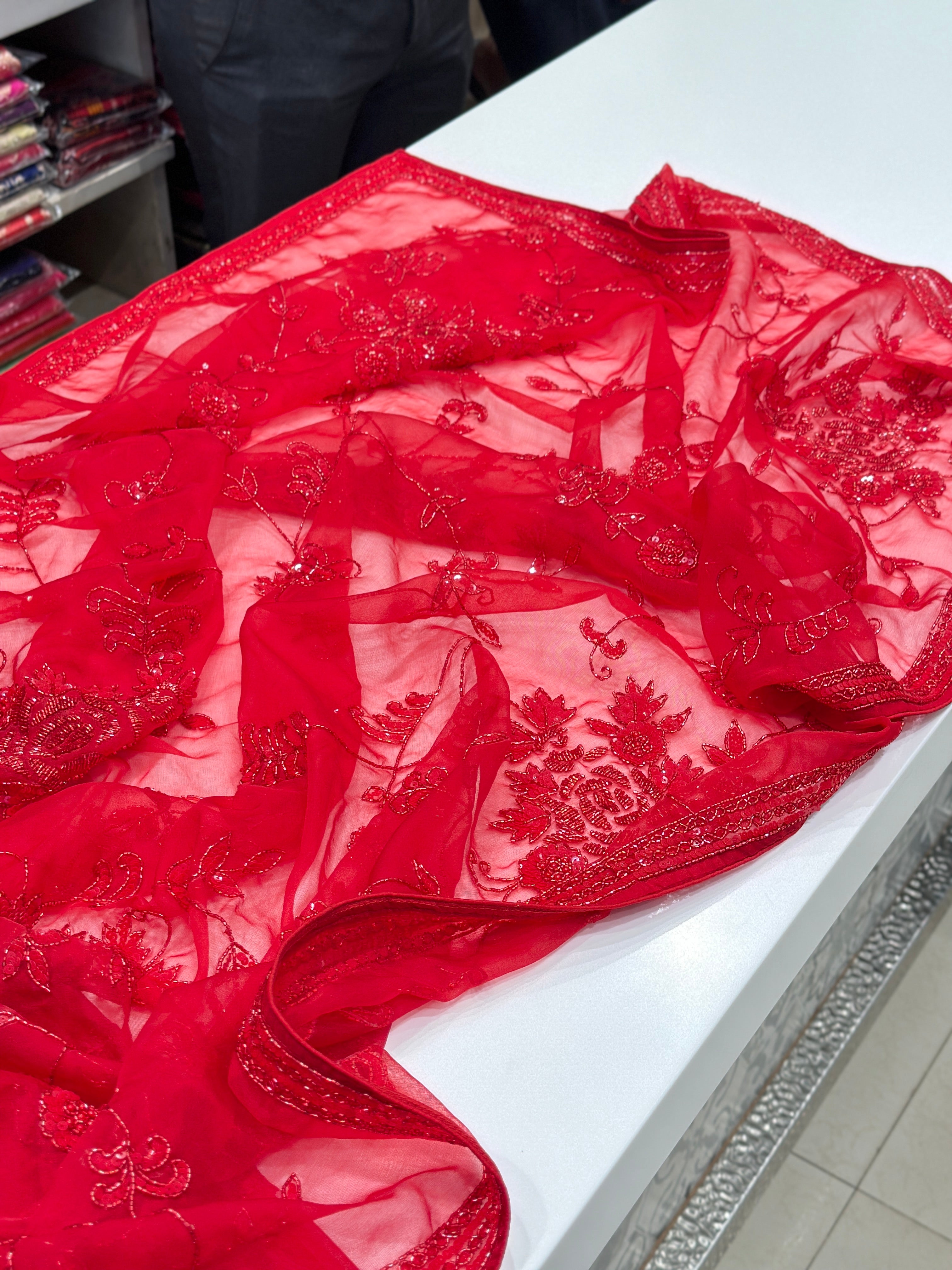 Red Organza Hand Embroidery Jaal Saree