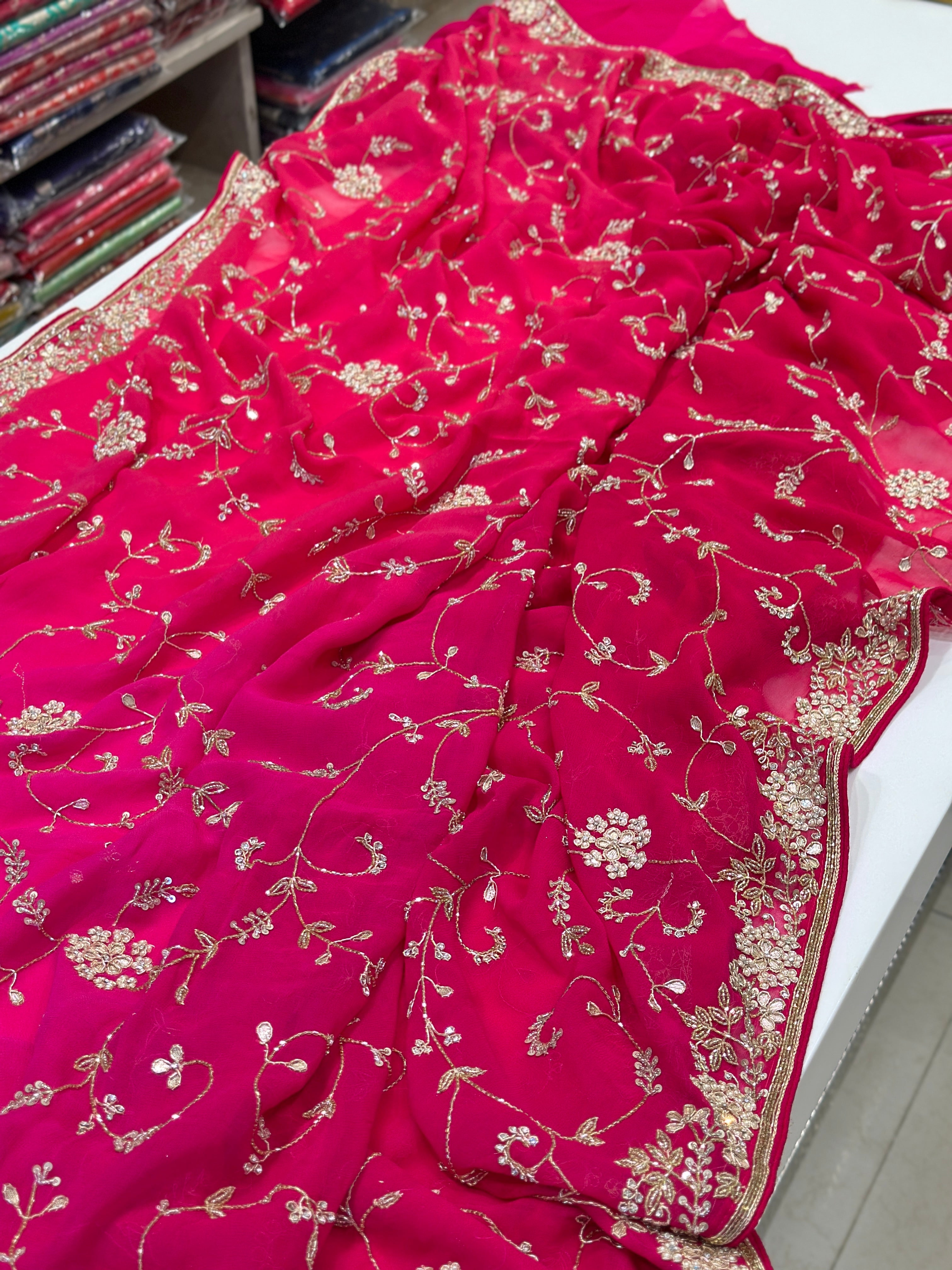 Red Rani Shaded Hand Embroidery Georgette Saree