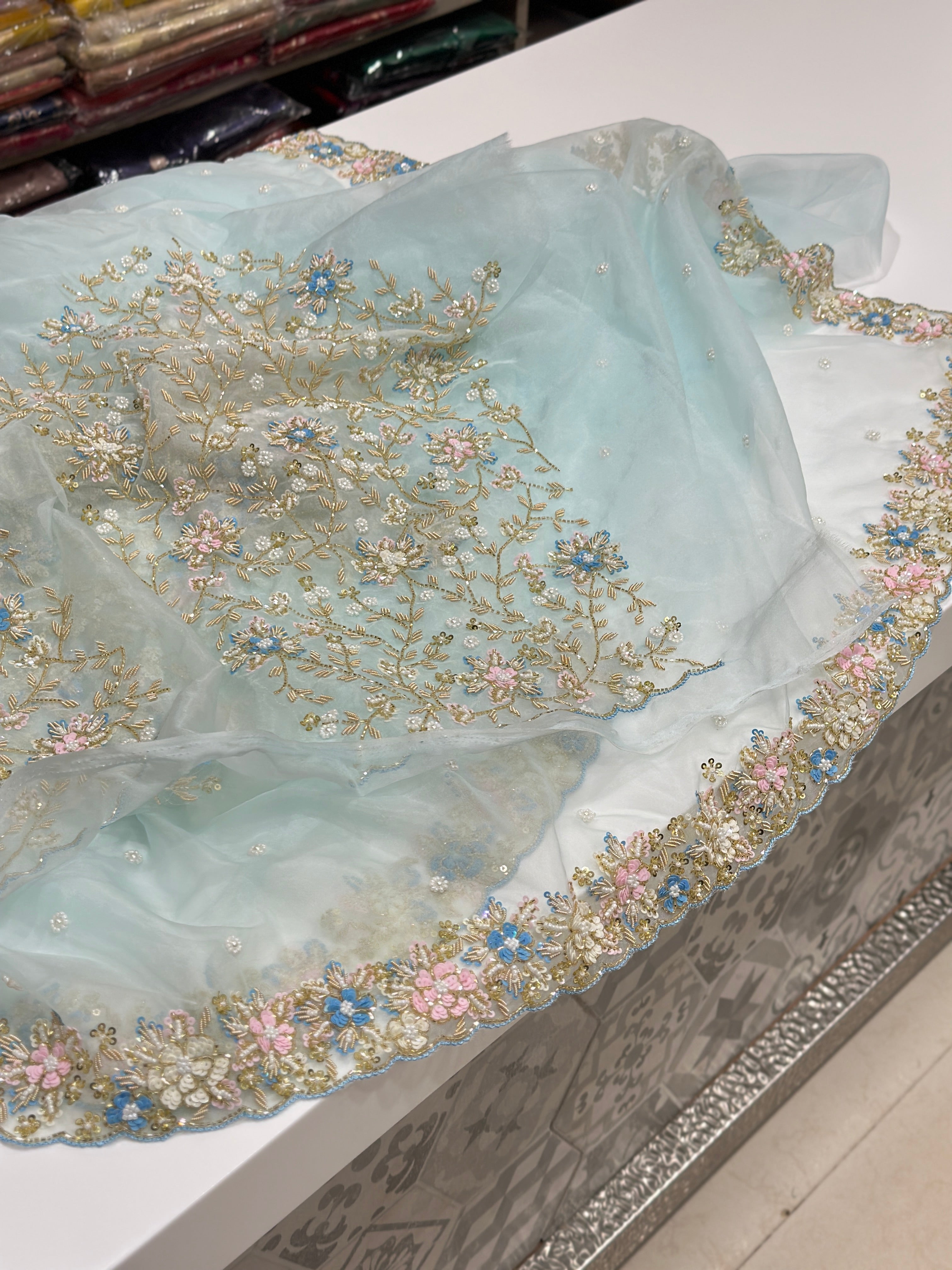 Ice Blue Organza Saree with Heavy Blouse