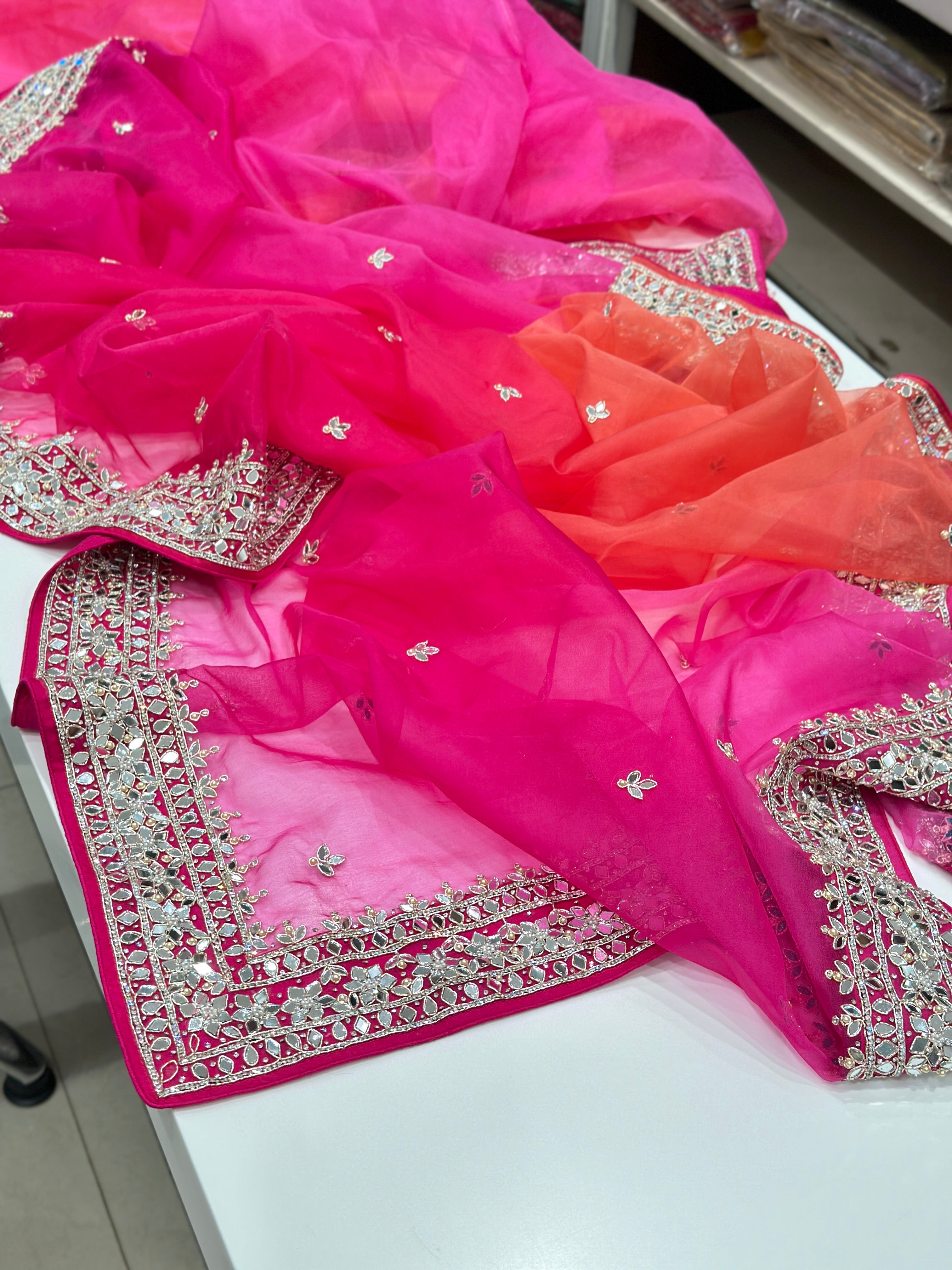 Rani Shaded Organza Mirror Embroidery Saree