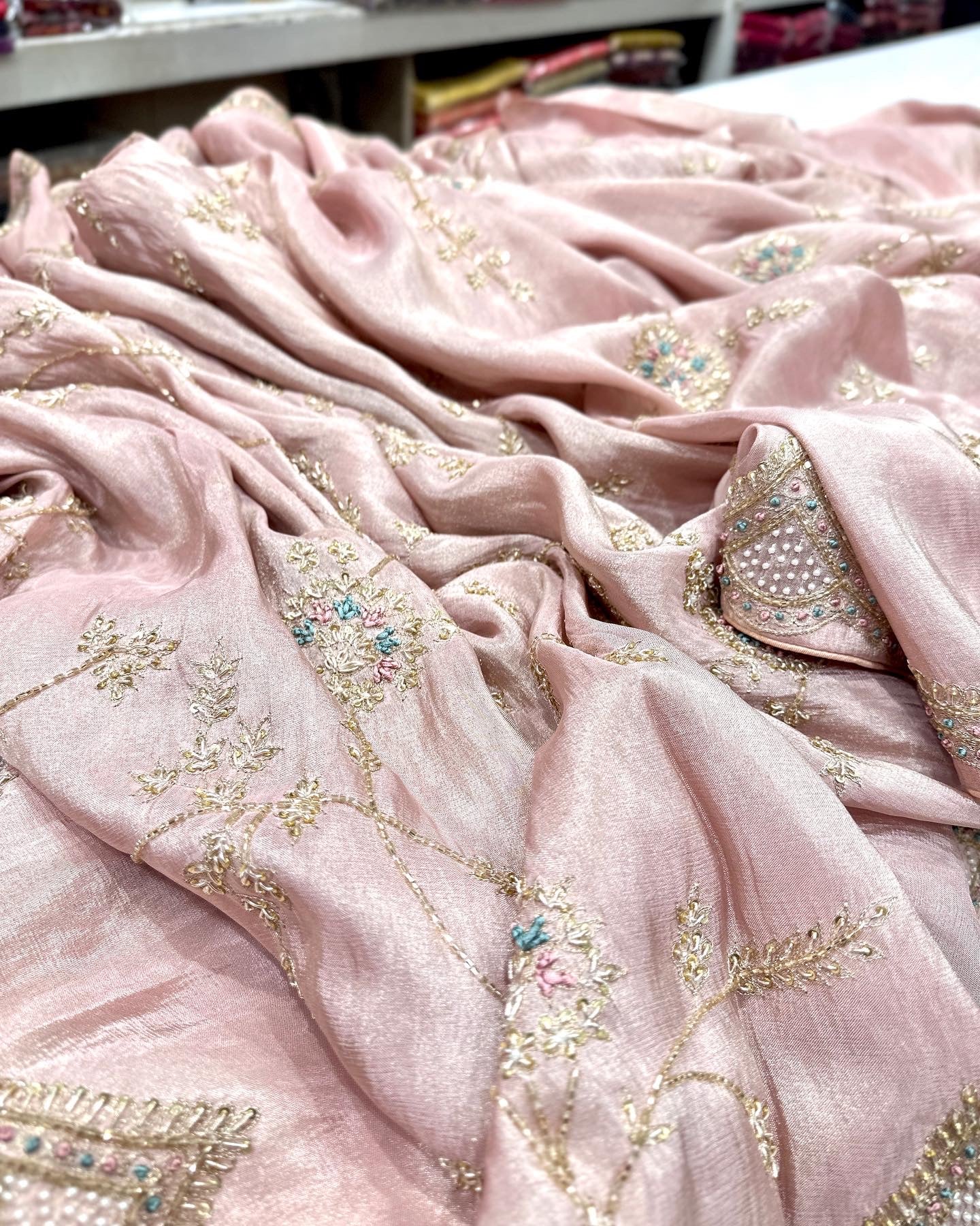 Pink Crepe Tissue Embroidery Saree