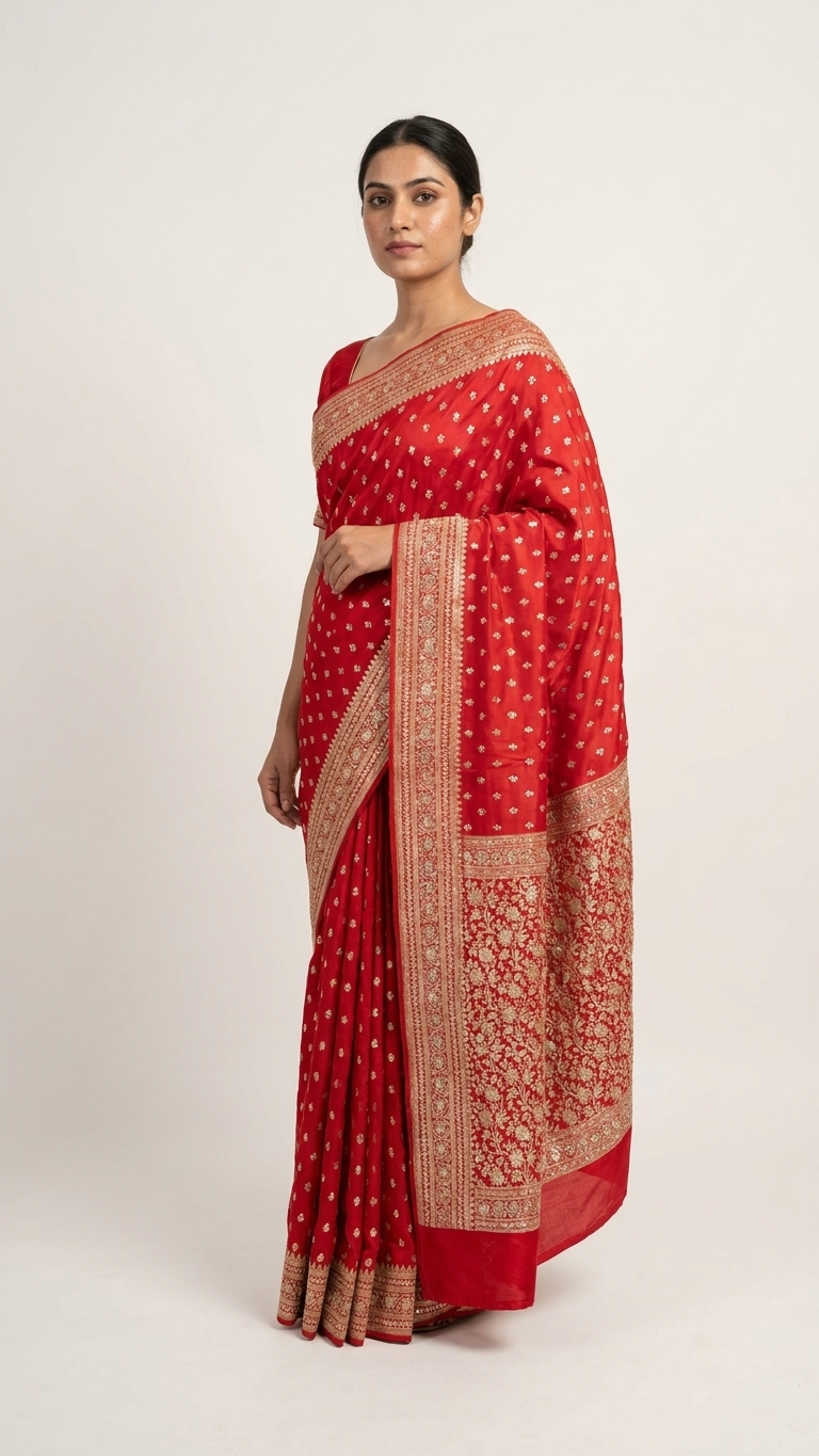 Red Sona Roopa Buttis Zardosi Hand Embroidery Banarasi Saree