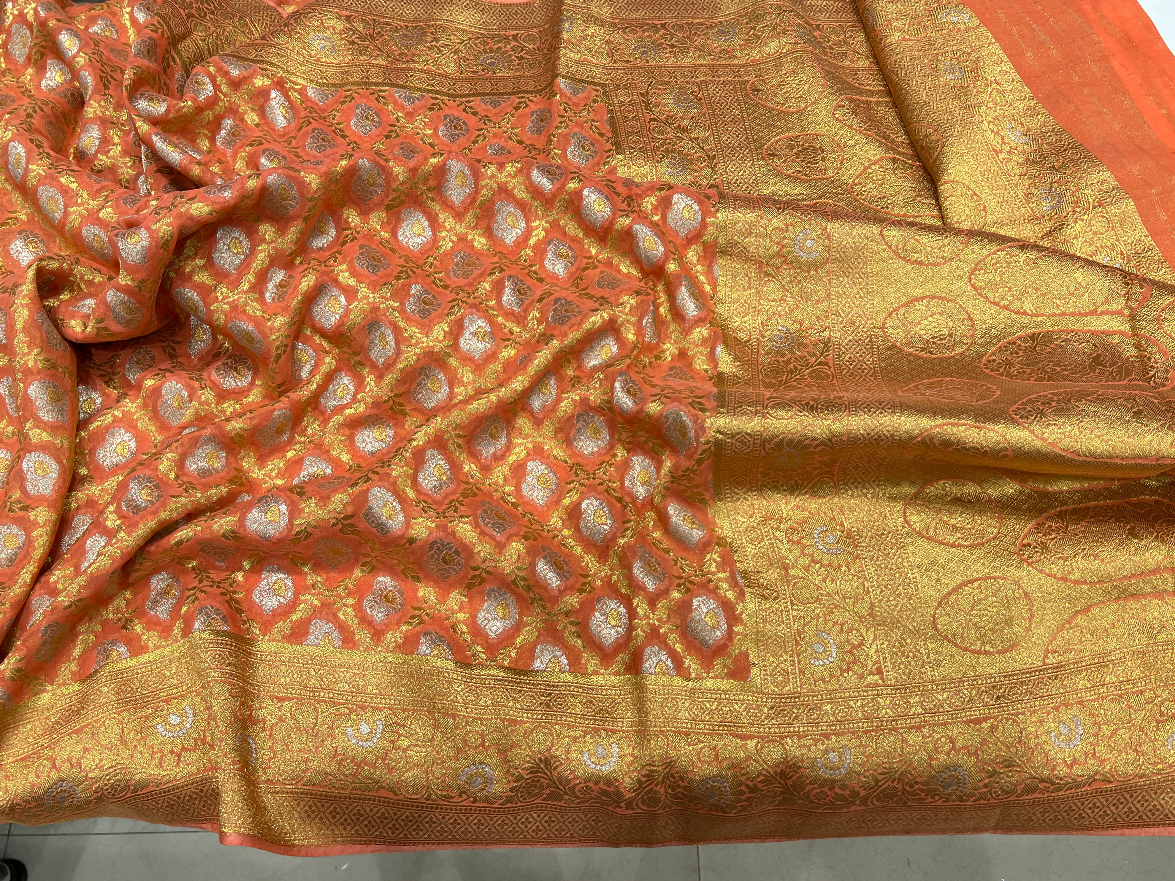 Orange Sona Roopa Banarasi Khaddi Georgette Saree