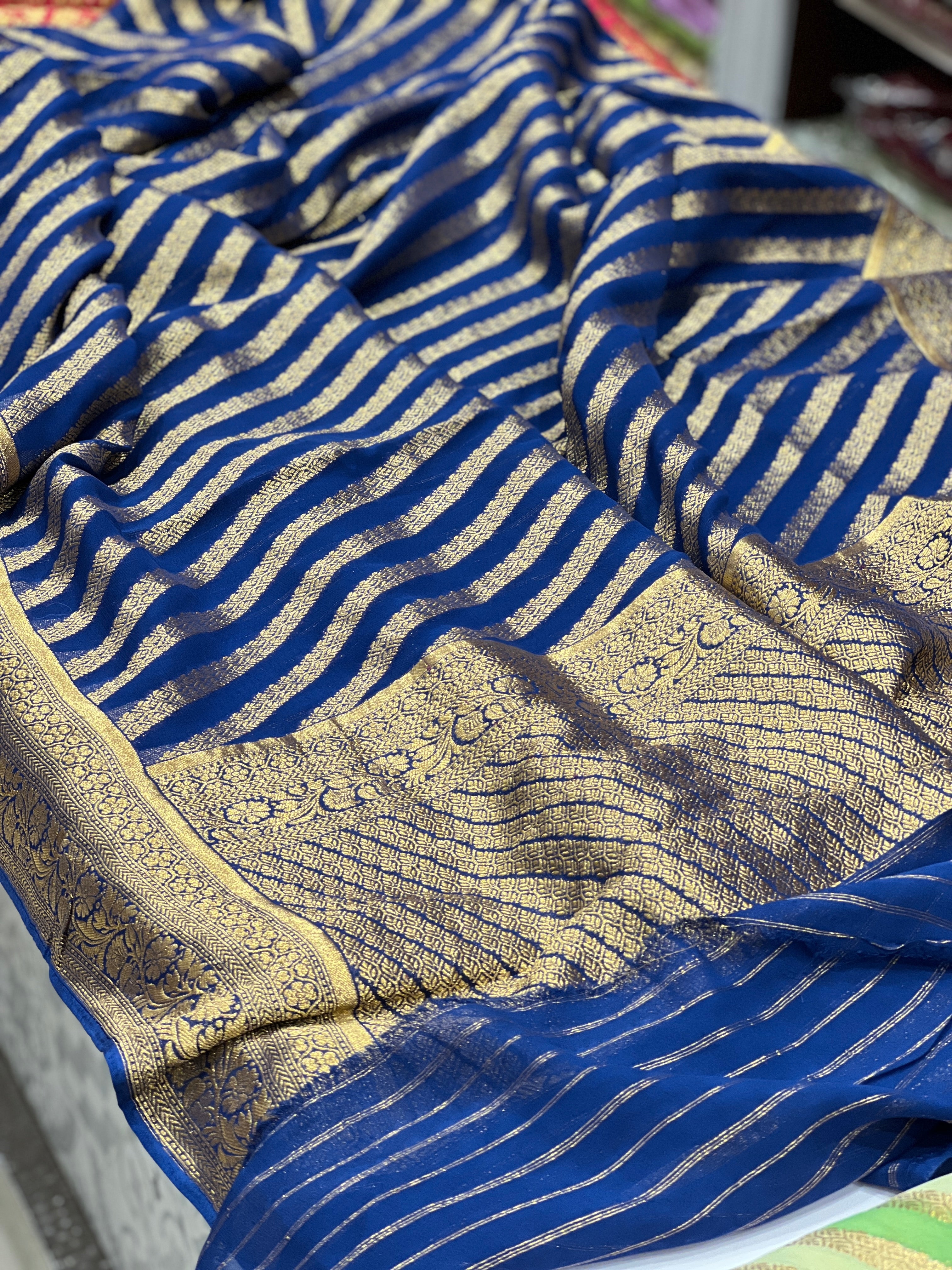 Royal Blue Banarasi Khaddi Georgette Leheriya Saree