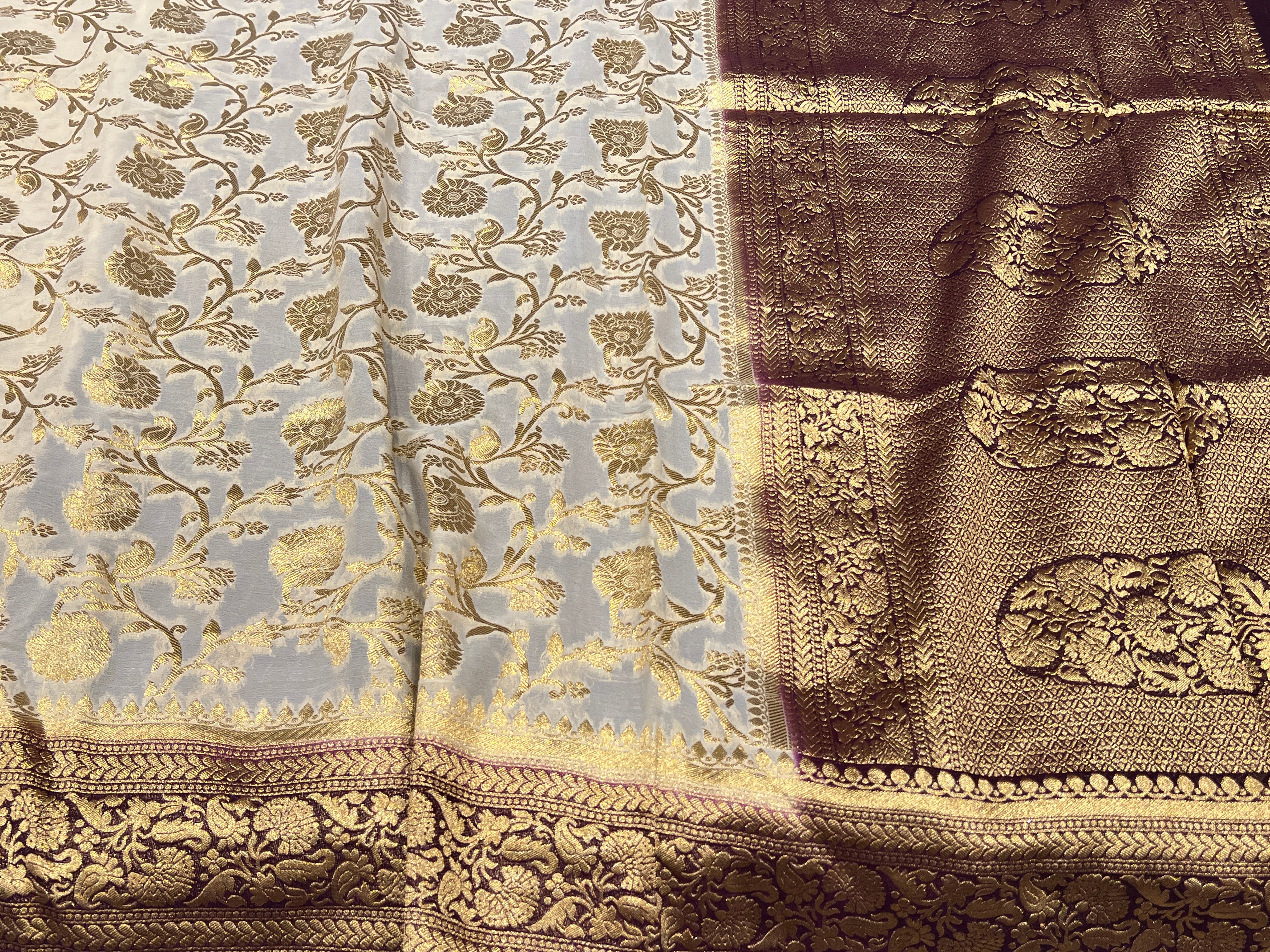 Beige Wine Banarasi Khaddi Georgette Jaal Saree