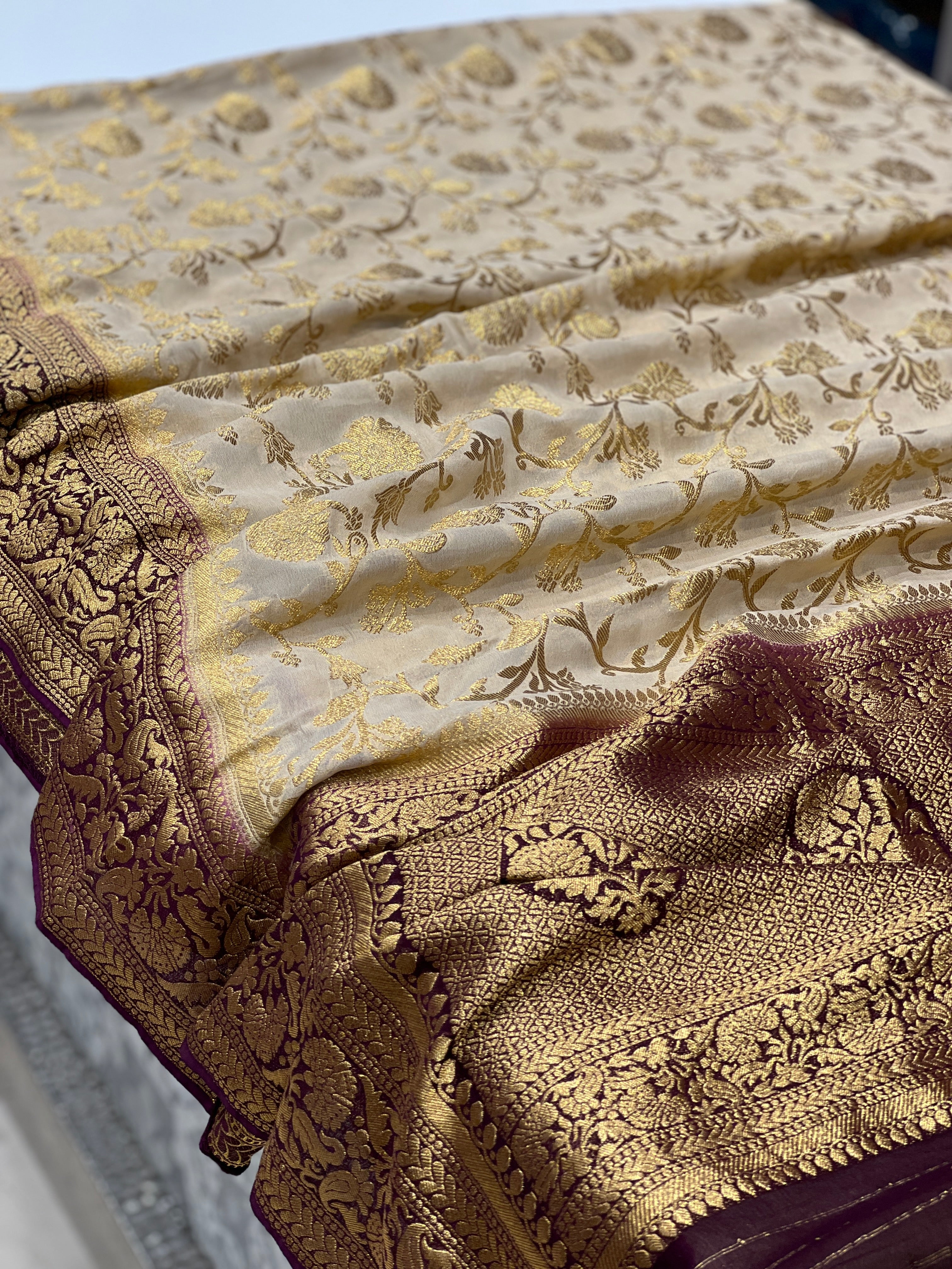 Beige Wine Banarasi Khaddi Georgette Jaal Saree