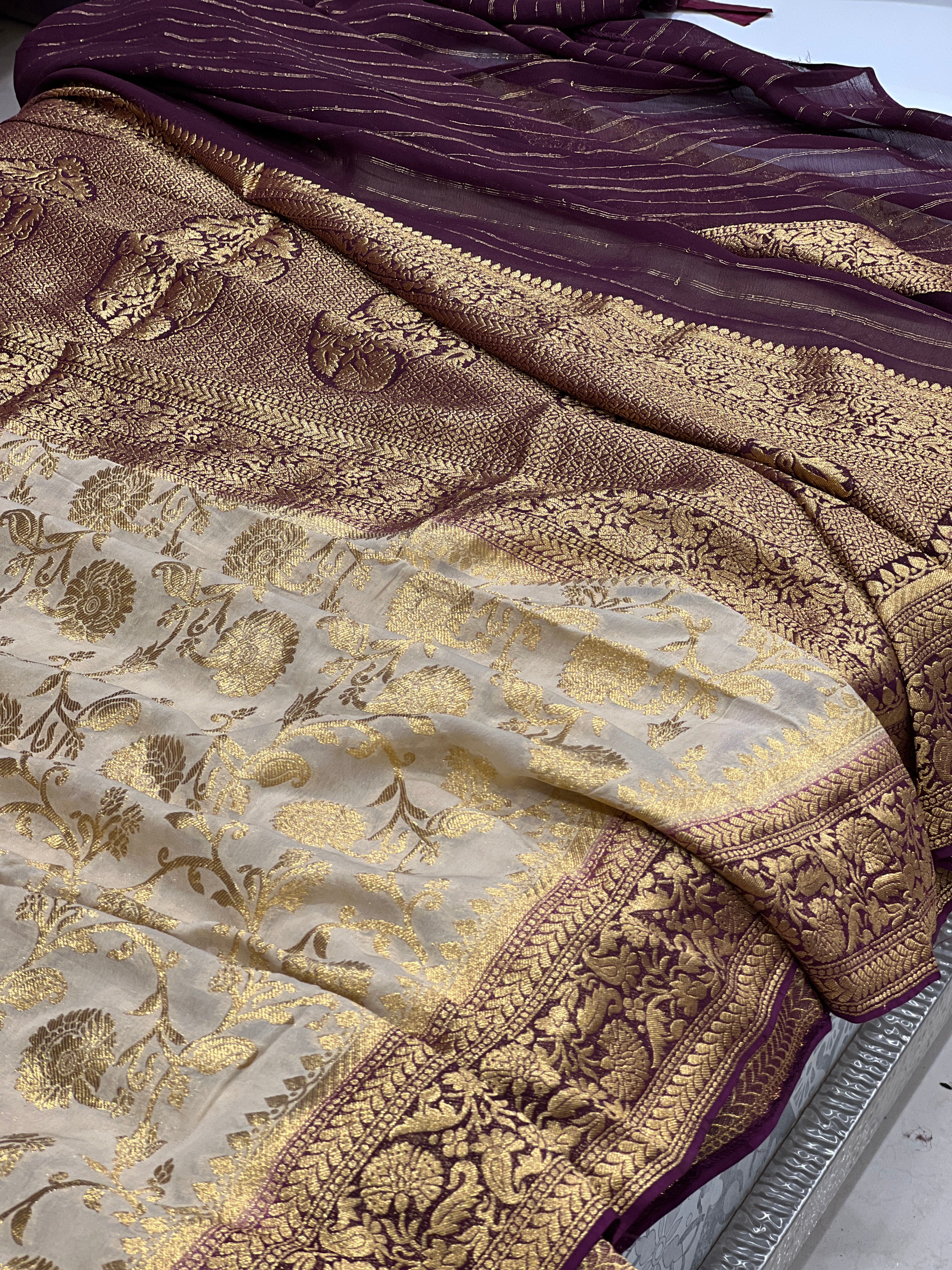 Beige Wine Banarasi Khaddi Georgette Jaal Saree