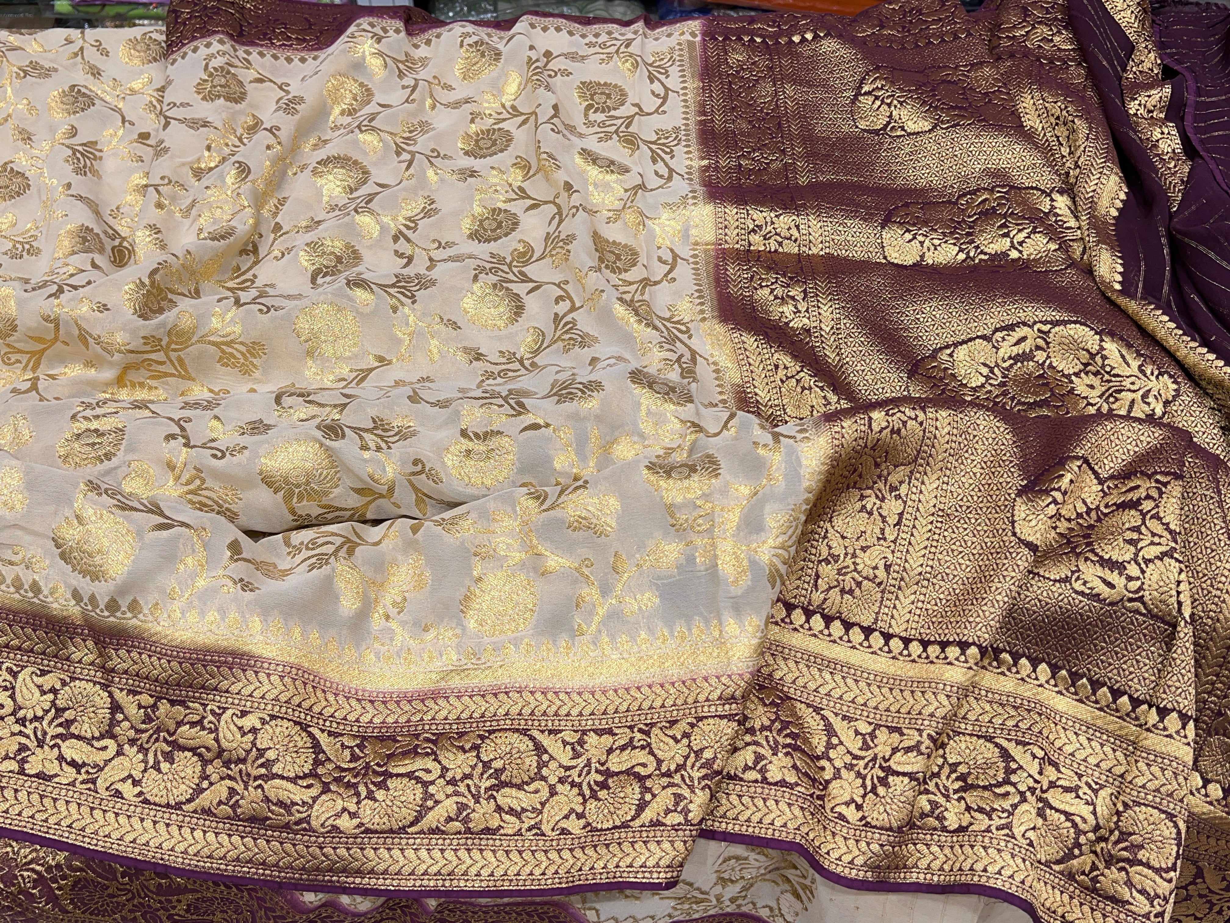 Beige Wine Banarasi Khaddi Georgette Jaal Saree