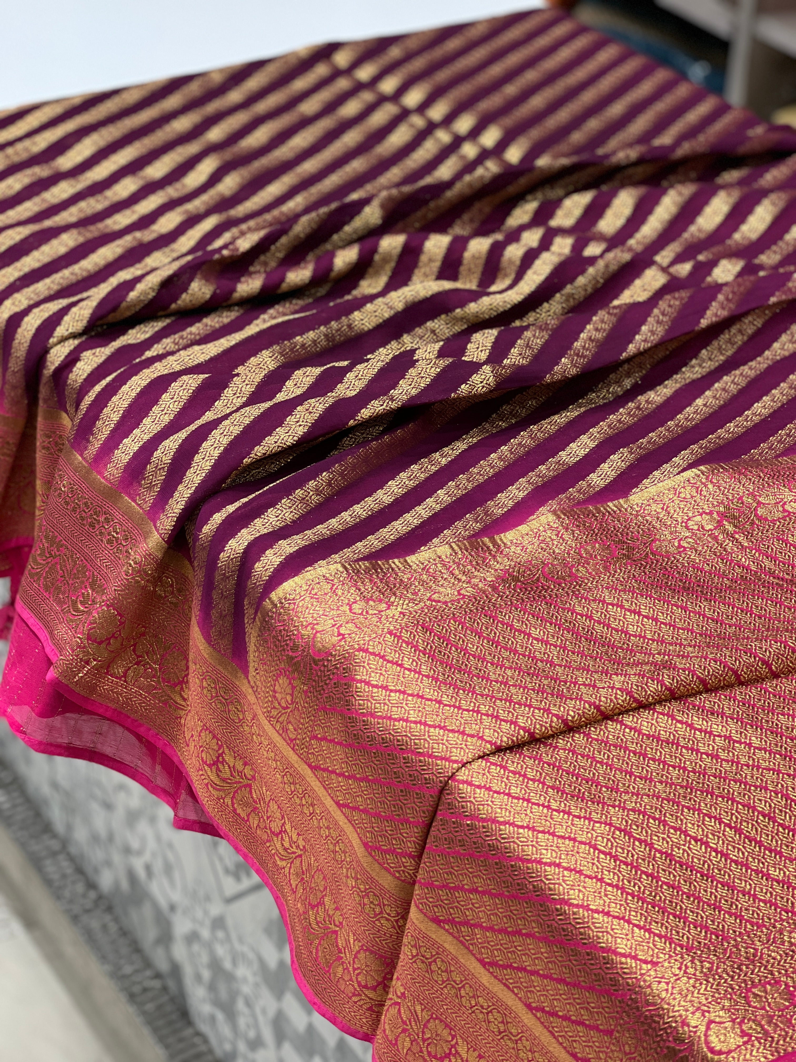 Wine Rani Banarasi Khaddi Georgette Leheriya Saree
