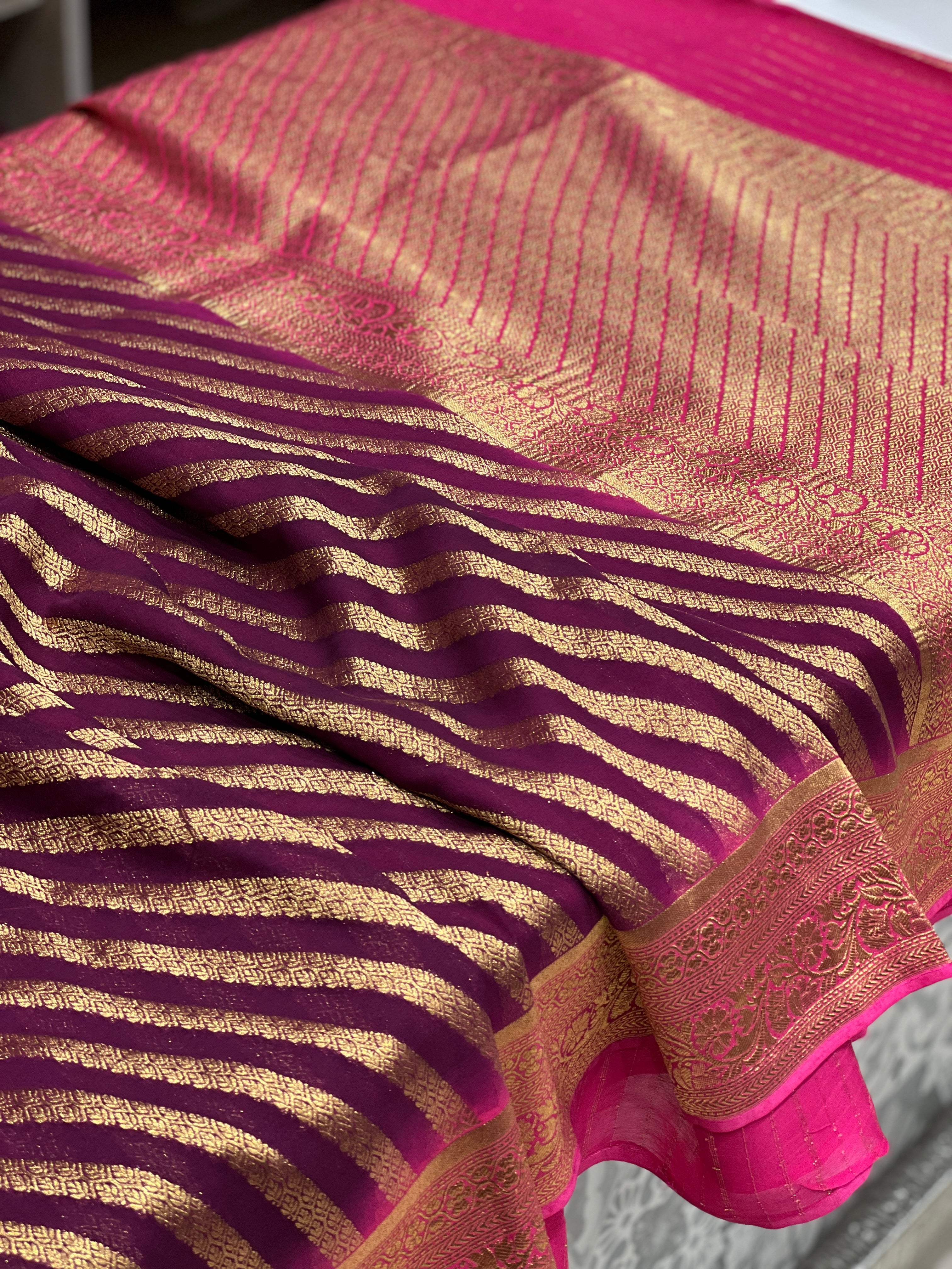 Wine Rani Banarasi Khaddi Georgette Leheriya Saree