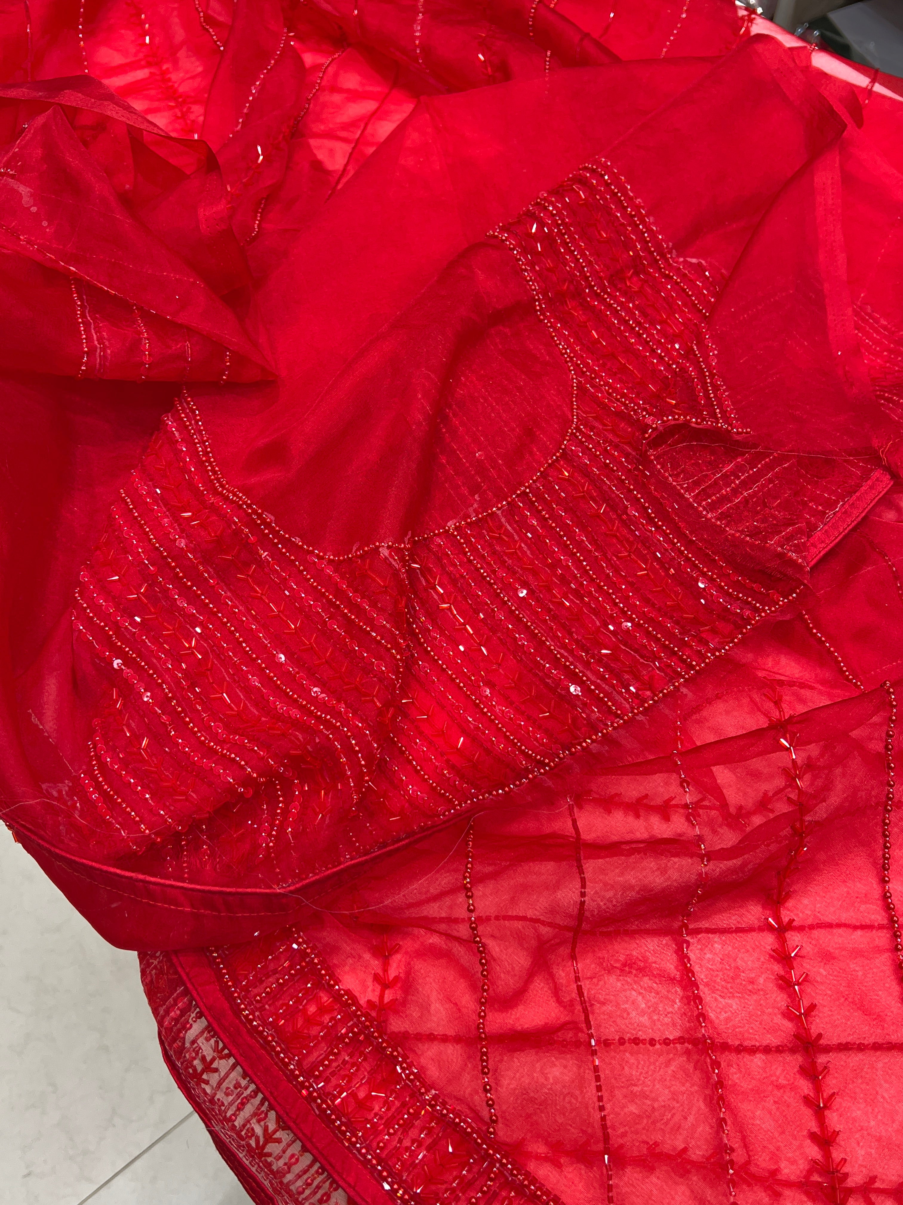 Red Organza Leheriya Hand Embroidery Saree