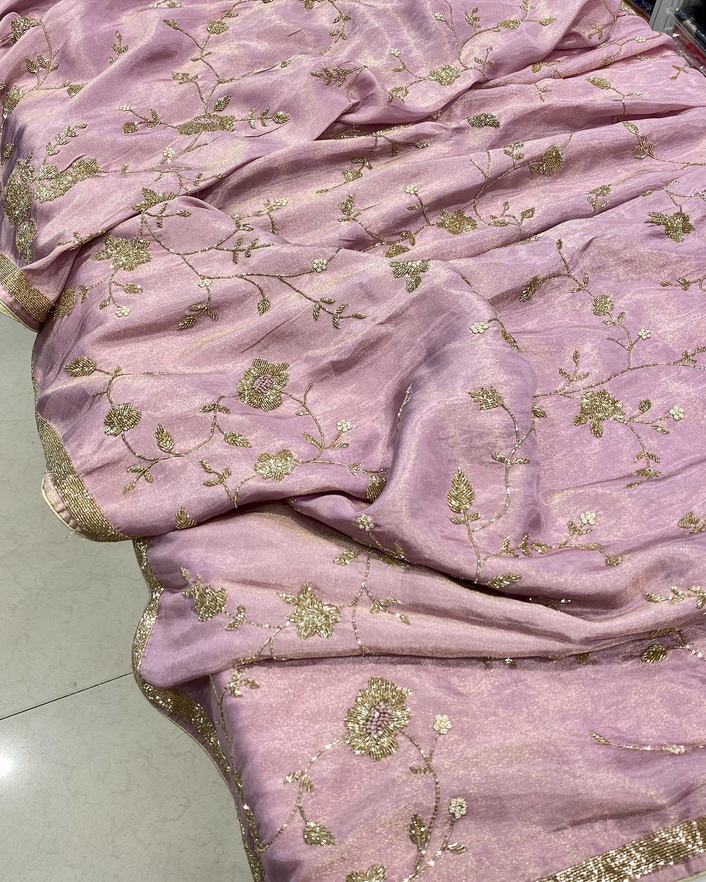 Lilac Silk Tissue Hand Embroidery Saree