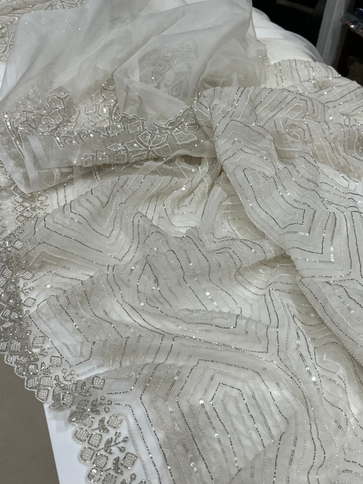 White Organza Moti Sequins Embroidery