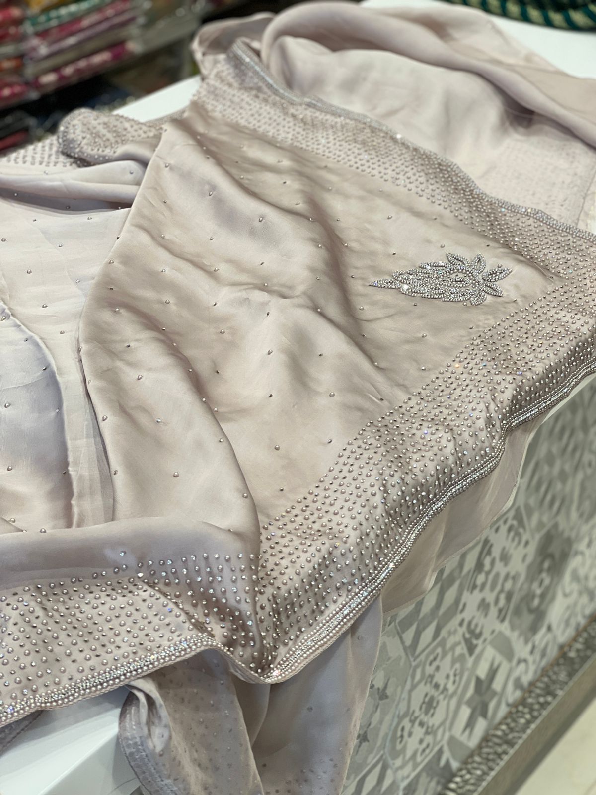 Champagne Satin Organza Moti Embroidery Saree