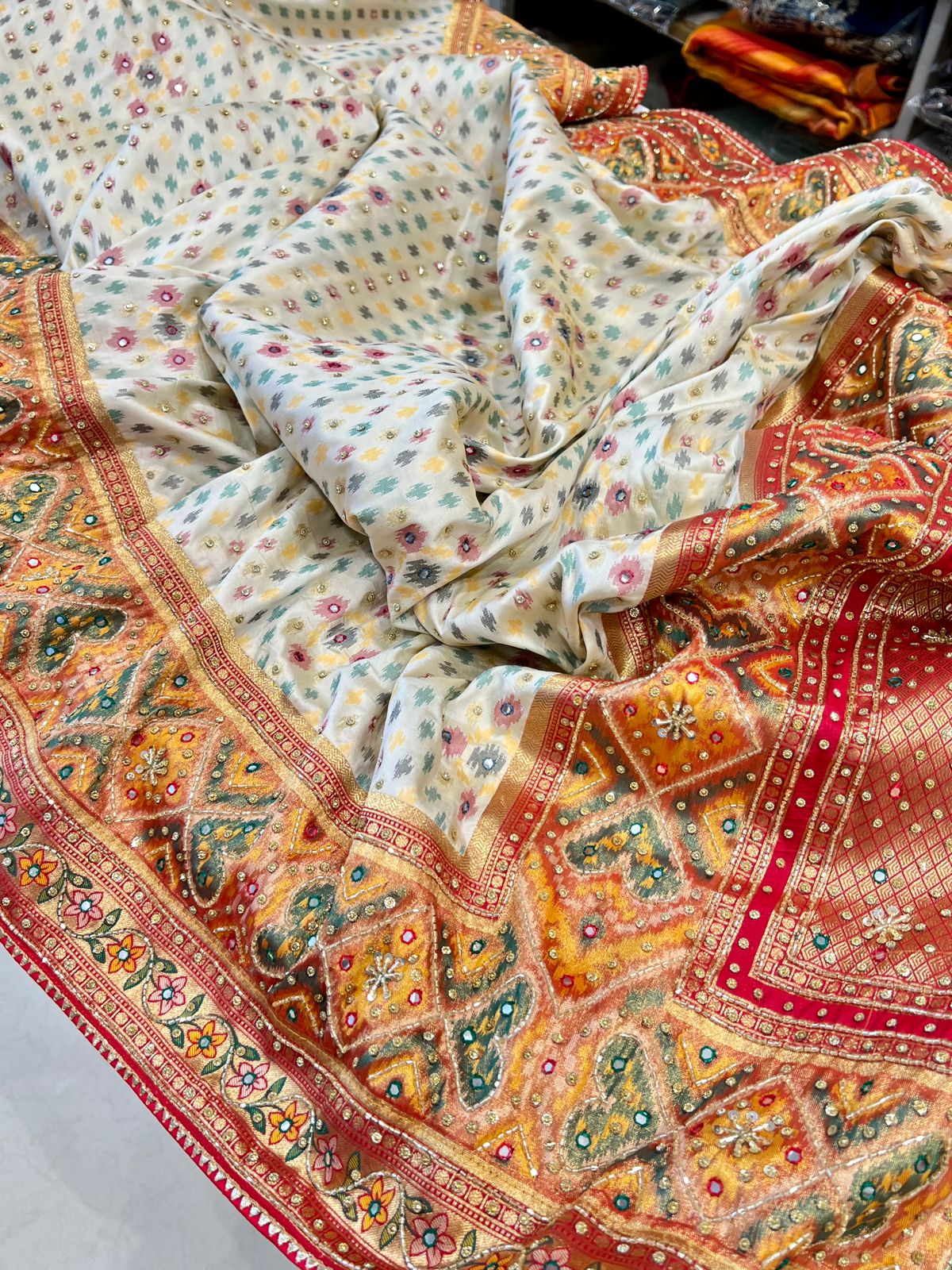 White Patola Saree Hand Embroidery Tissue Border