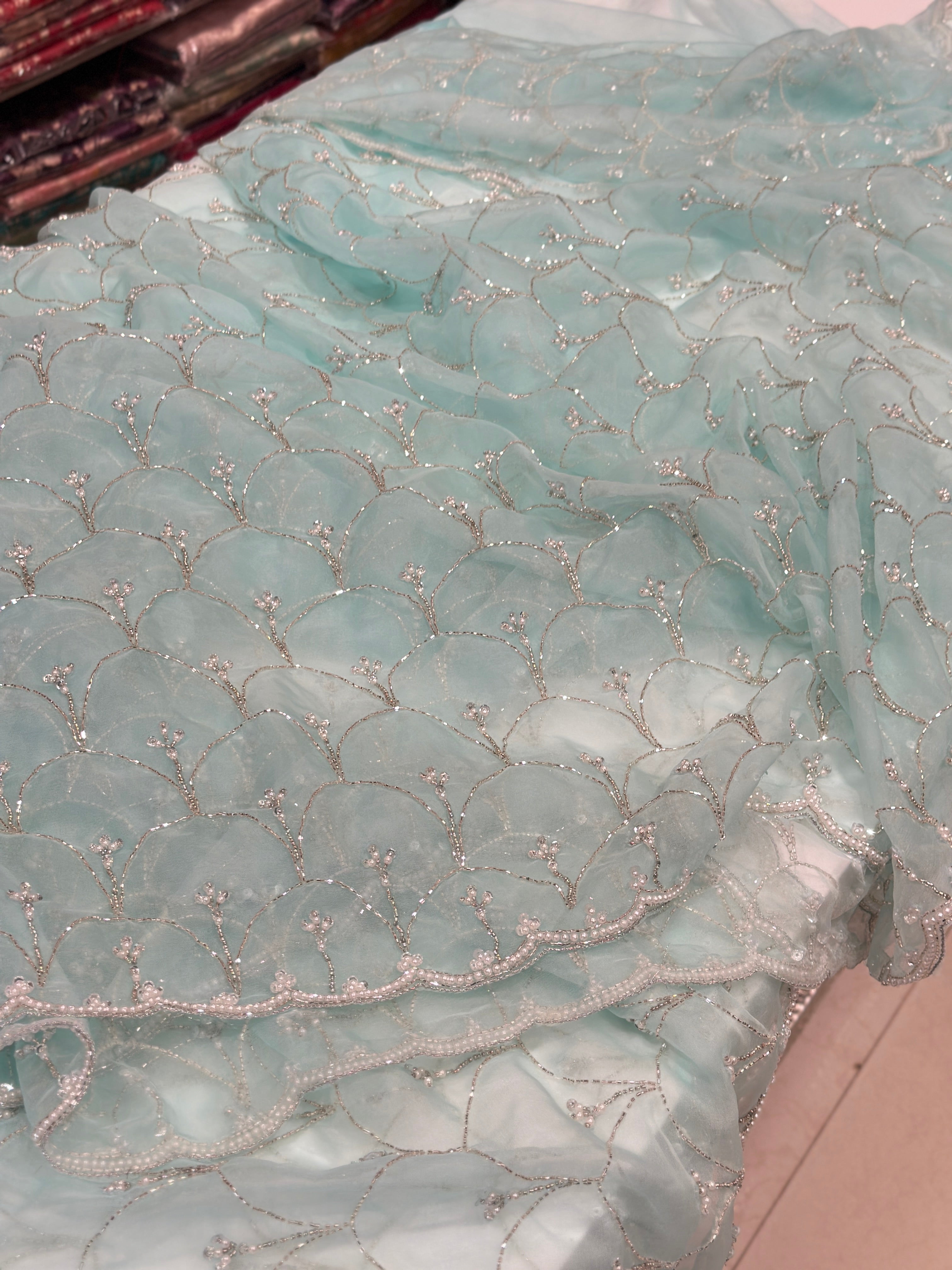 Blue Organza Hand Embroidery Moti Sequin Saree