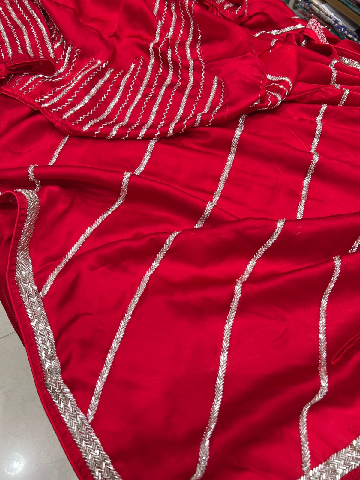 Red Satin Contemporary Hand Embroidery Saree
