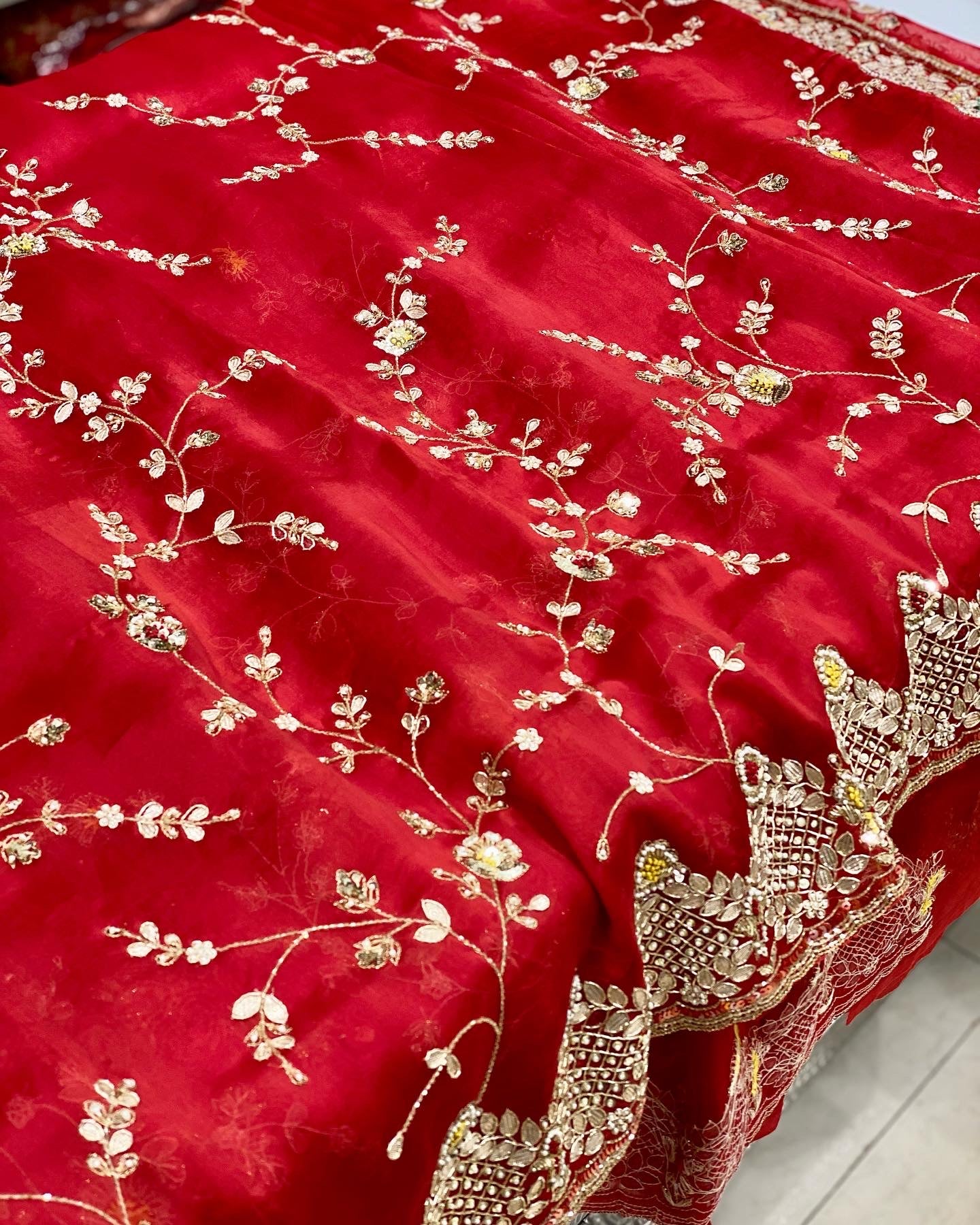 Red Hand Embroidery Organza Saree