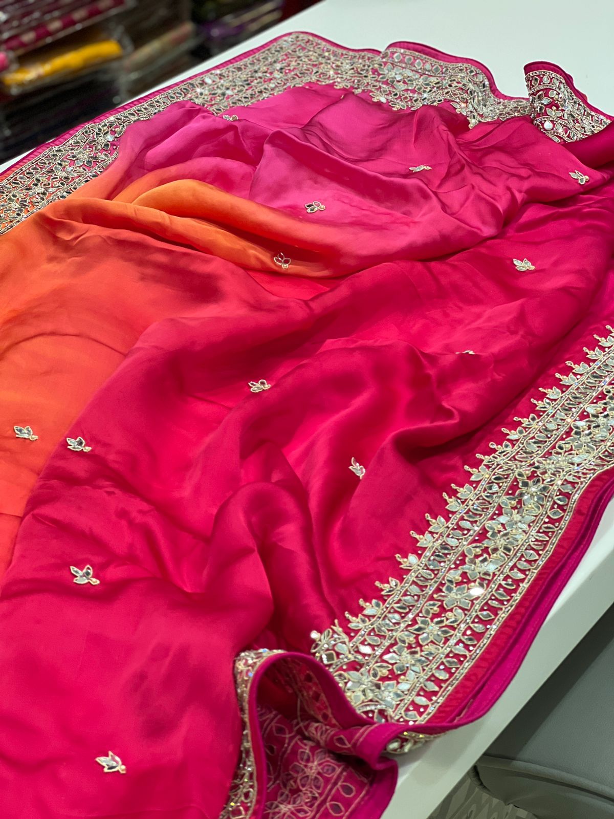 Shaded Satin Organza Mirror Work Saree