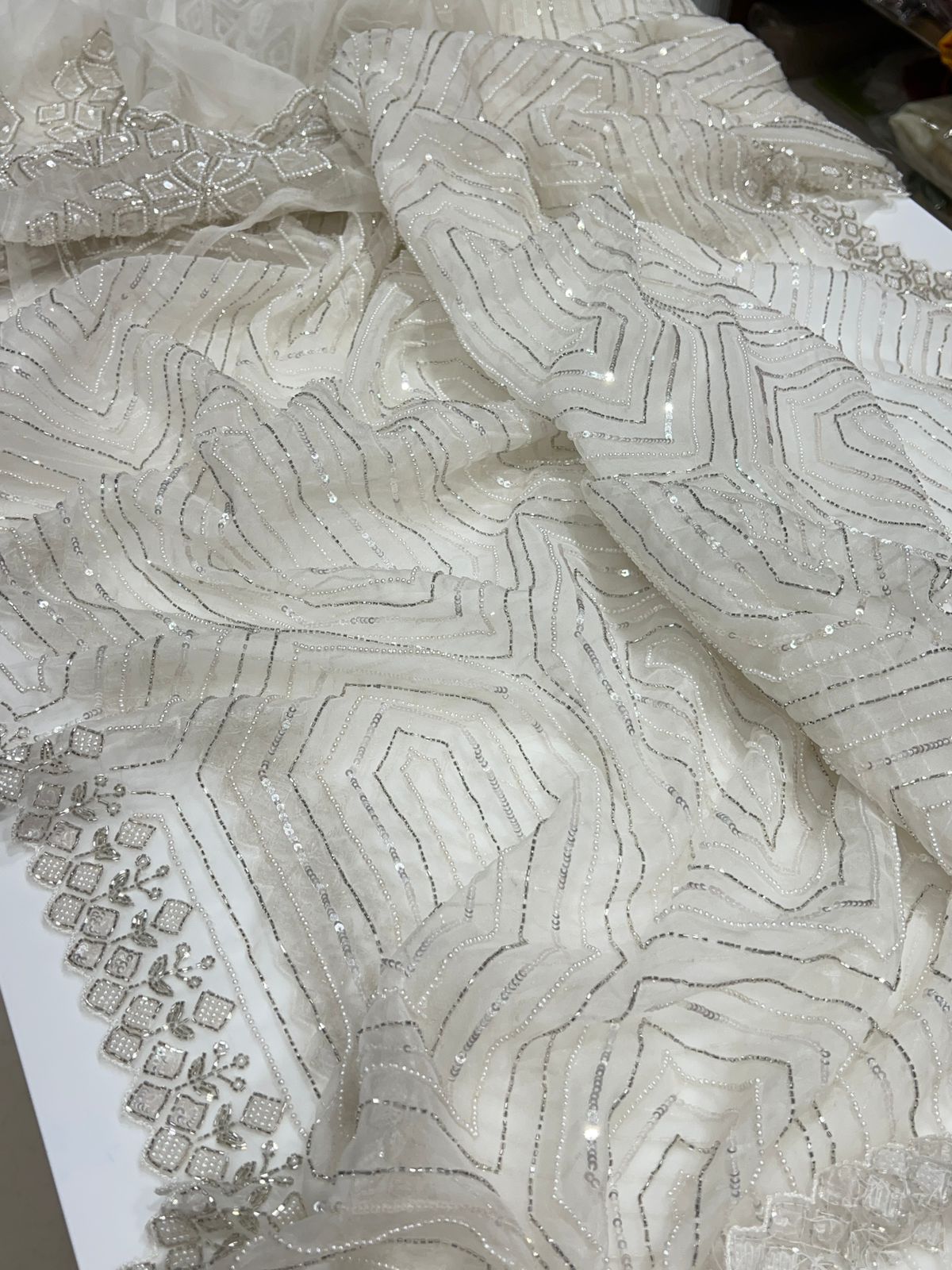 White Organza Moti Sequins Embroidery