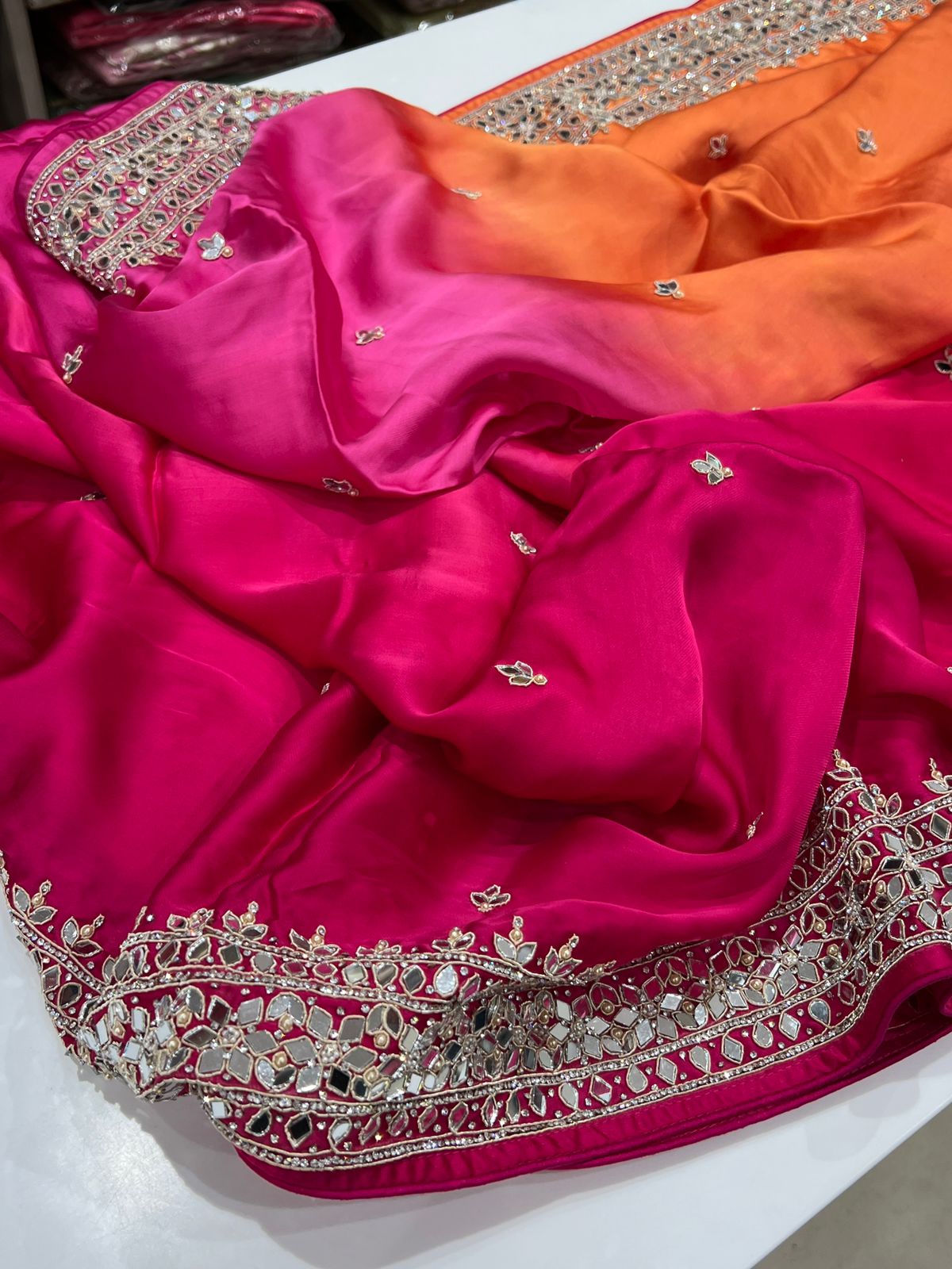 Shaded Satin Organza Mirror Work Saree