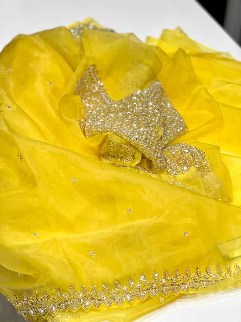 Yellow Organza Heavy Blouse Saree
