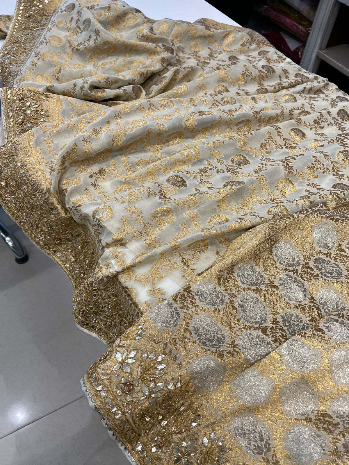 Beige Banarasi Khaddi Georgette Gotapatti Saree