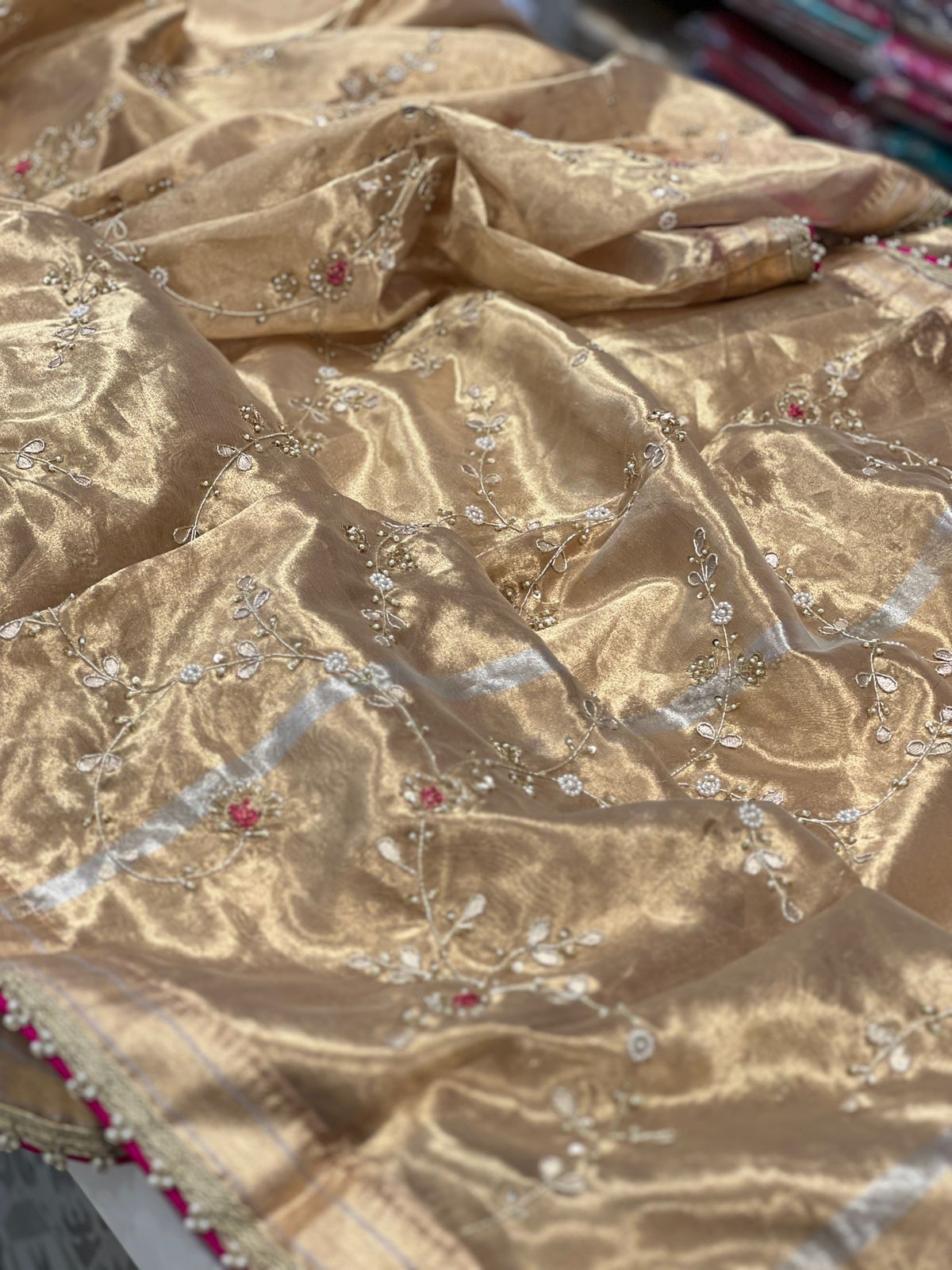 Tissue Rani Pink Hand Embroidery Saree