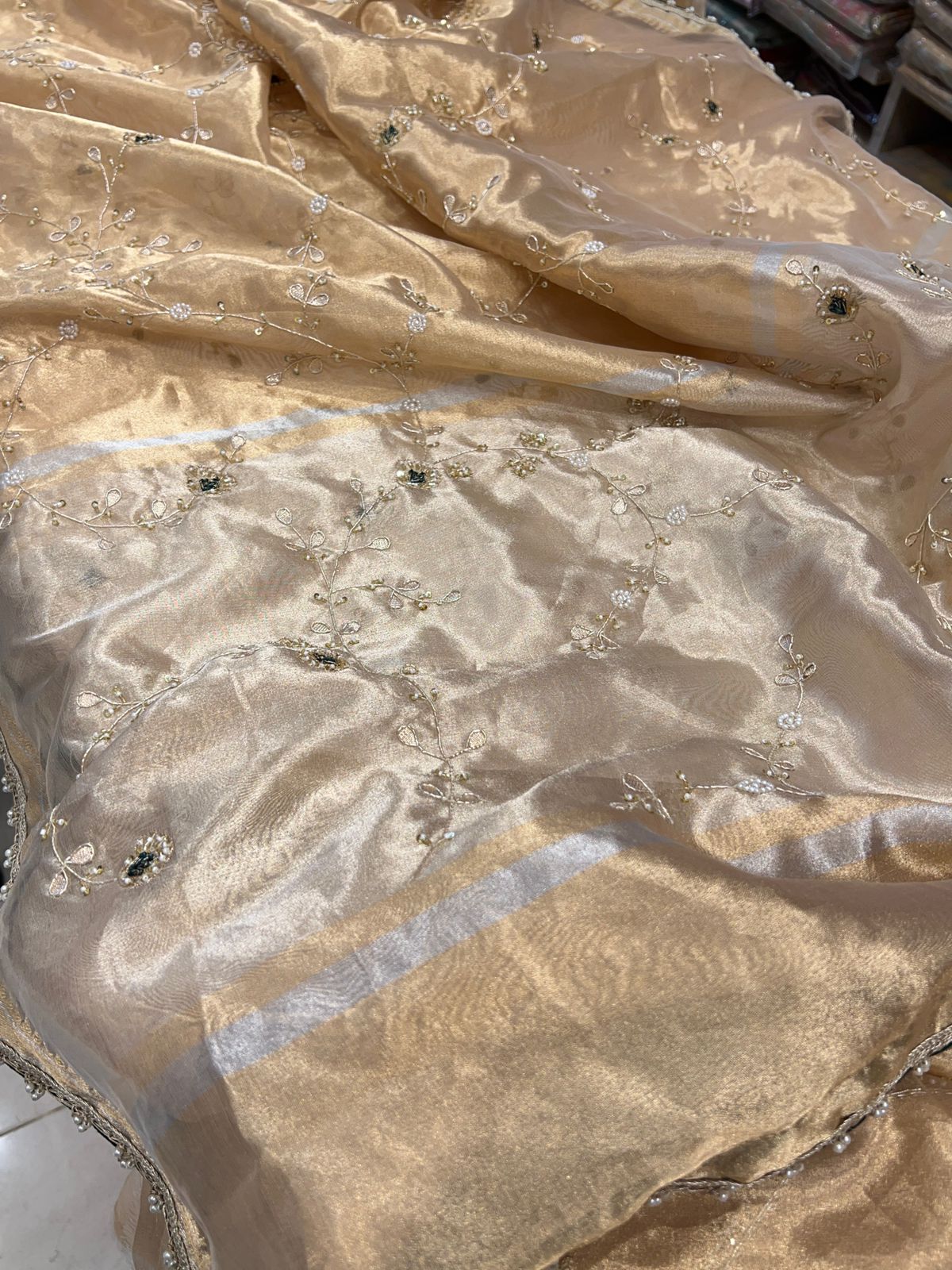 Gold Tissue Embroidery Green Zardozi Saree