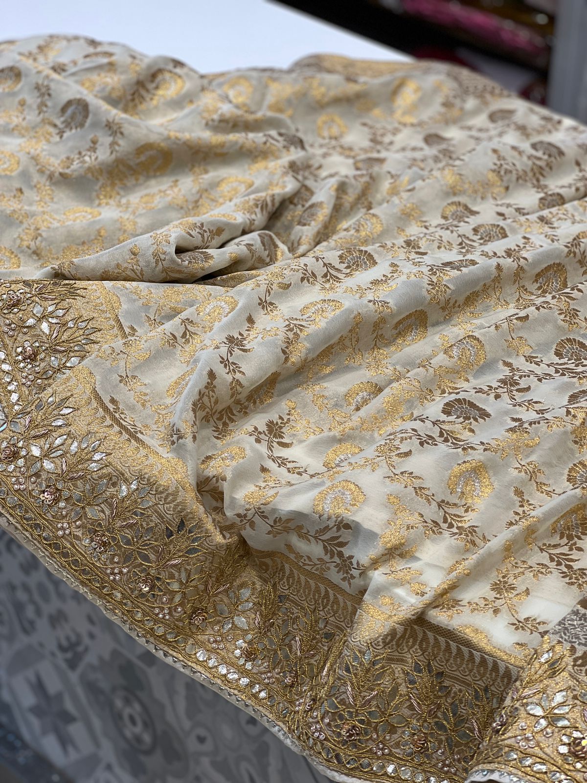 Beige Banarasi Khaddi Georgette Gotapatti Saree