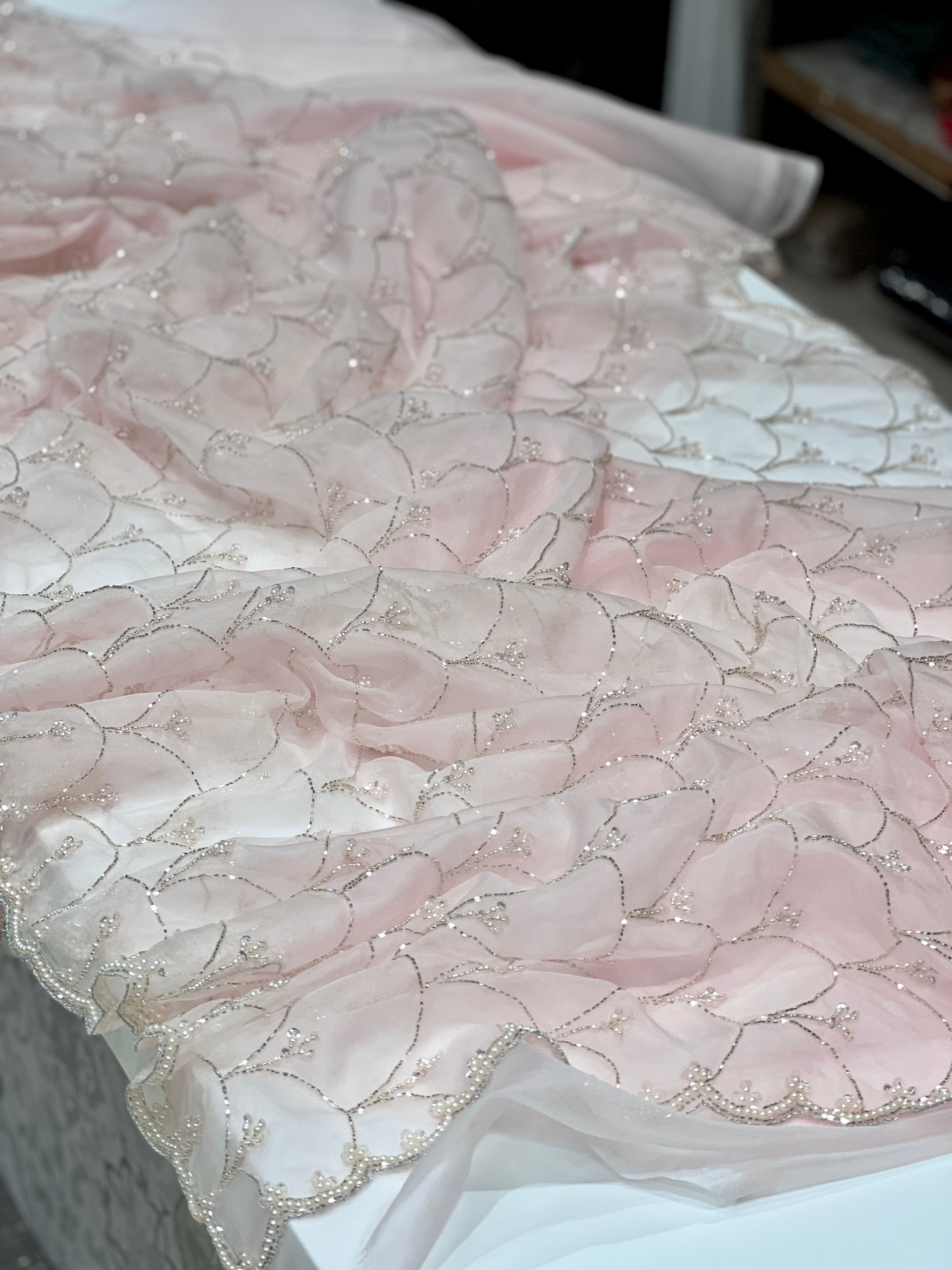 Pink Organza Moti Sequin Hand Embroidery Saree