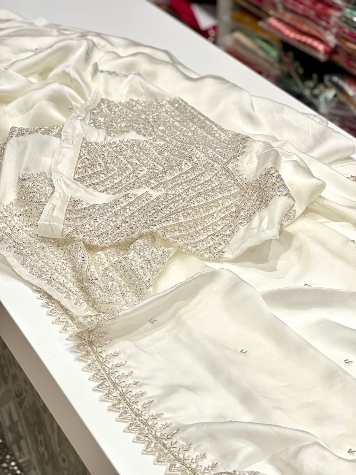 White Satin Organza Heavy Blouse Saree