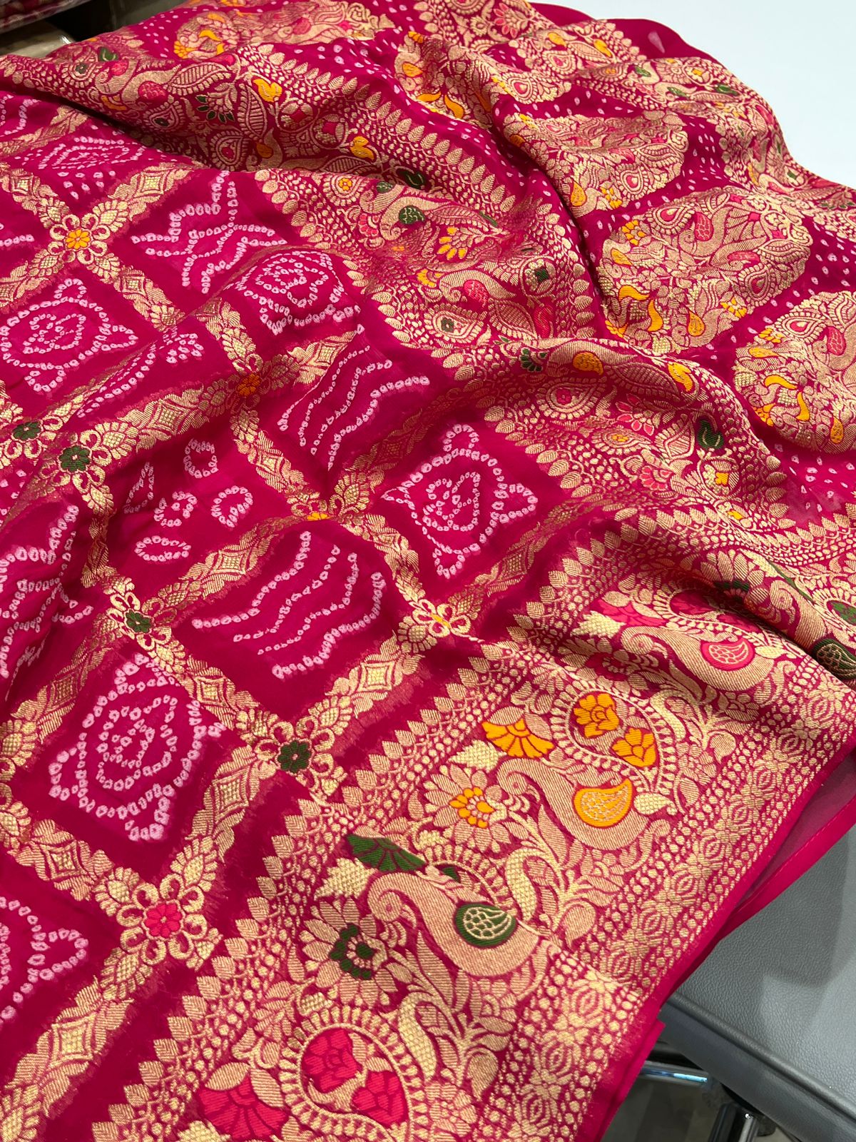 Rani Pink Woven Bandhej Gharchola Saree