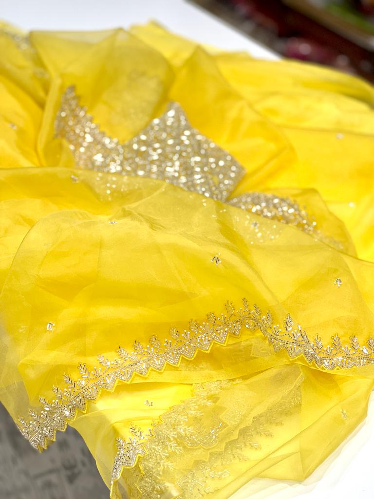 Yellow Organza Heavy Blouse Saree